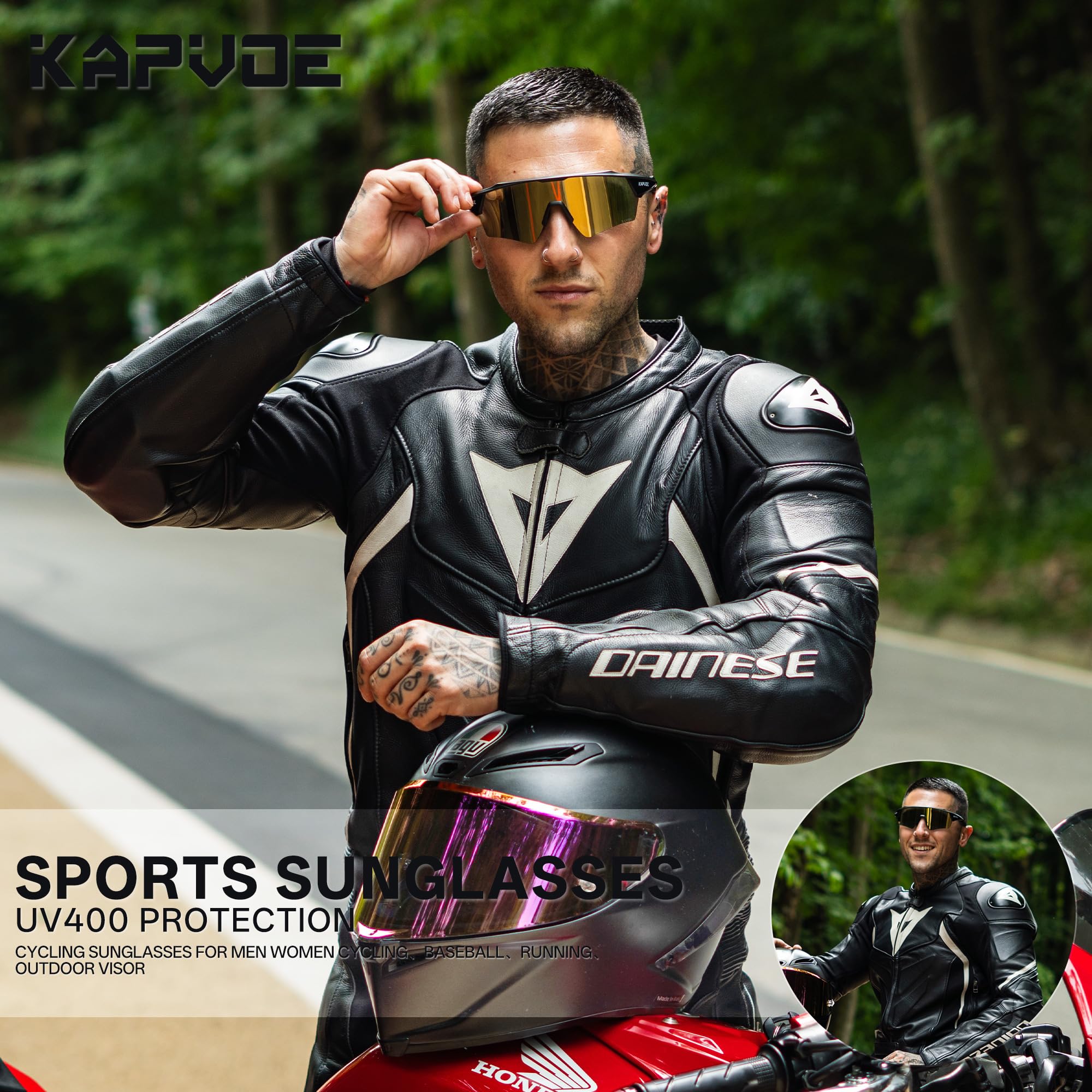 KAPVOE Polaryzowane okulary rowerowe dla mężczyzn i kobiet, okulary do jazdy na rowerze górskim, 3 wymienne soczewki, oprawki TR90, sportowe okulary przeciwsłoneczne, ochrona UV400, do jazdy na