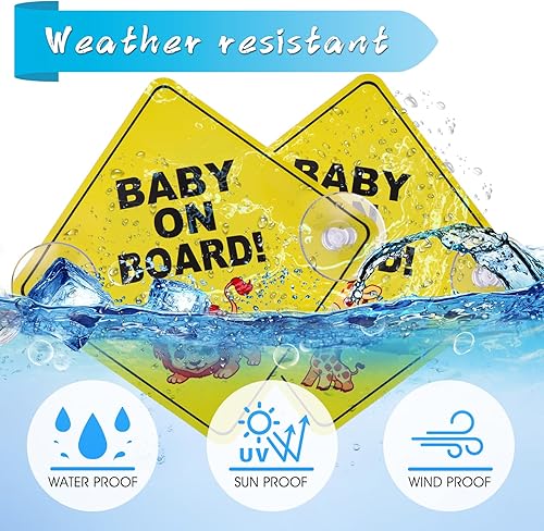 Miniatura 2 de cobee Señales de Advertencia para Coche "Bebé a Bordo", 2 Piezas de 12.7x12.7 cm Señal de Seguridad para Coche con Ventosas Dobles, Adhesivo para