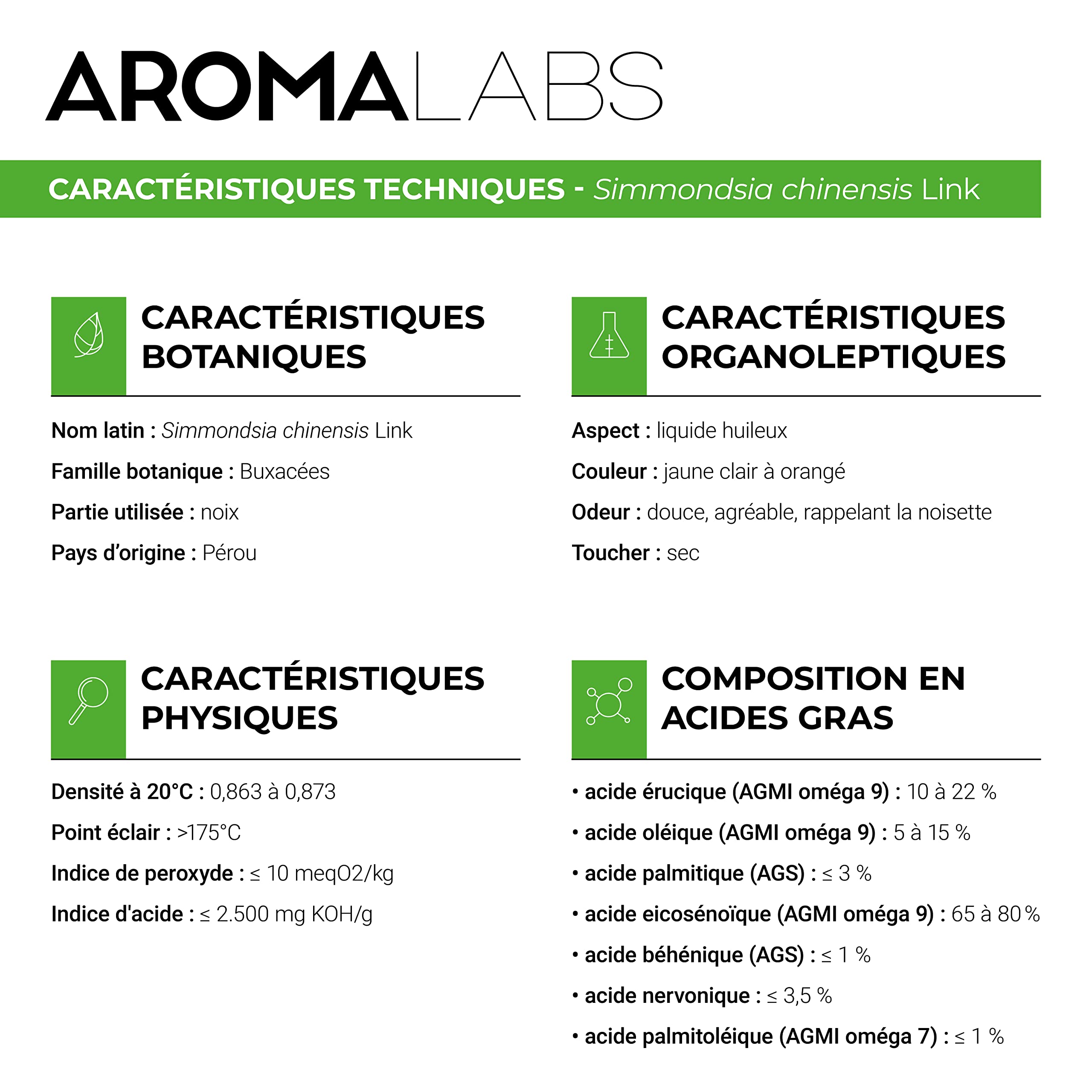 Jojoba BIO (Simmondsia chinensis) - 100 mL - Huile Végétale Vierge et Certifiée Cosmos - Aroma Labs - Made in France