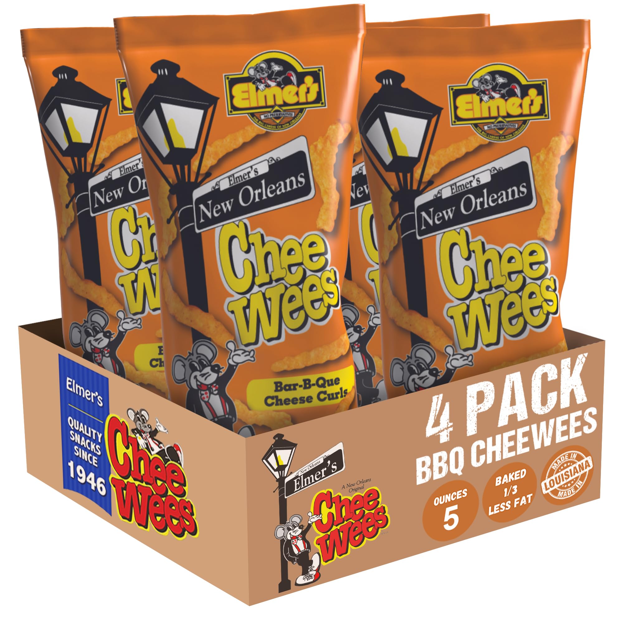Elmer's New Orleans Chee-wee's, Authentic NOLA BBQ Flavor, Irresistible Crunchy Snack Delight 5 oz Bags, Pack of 4