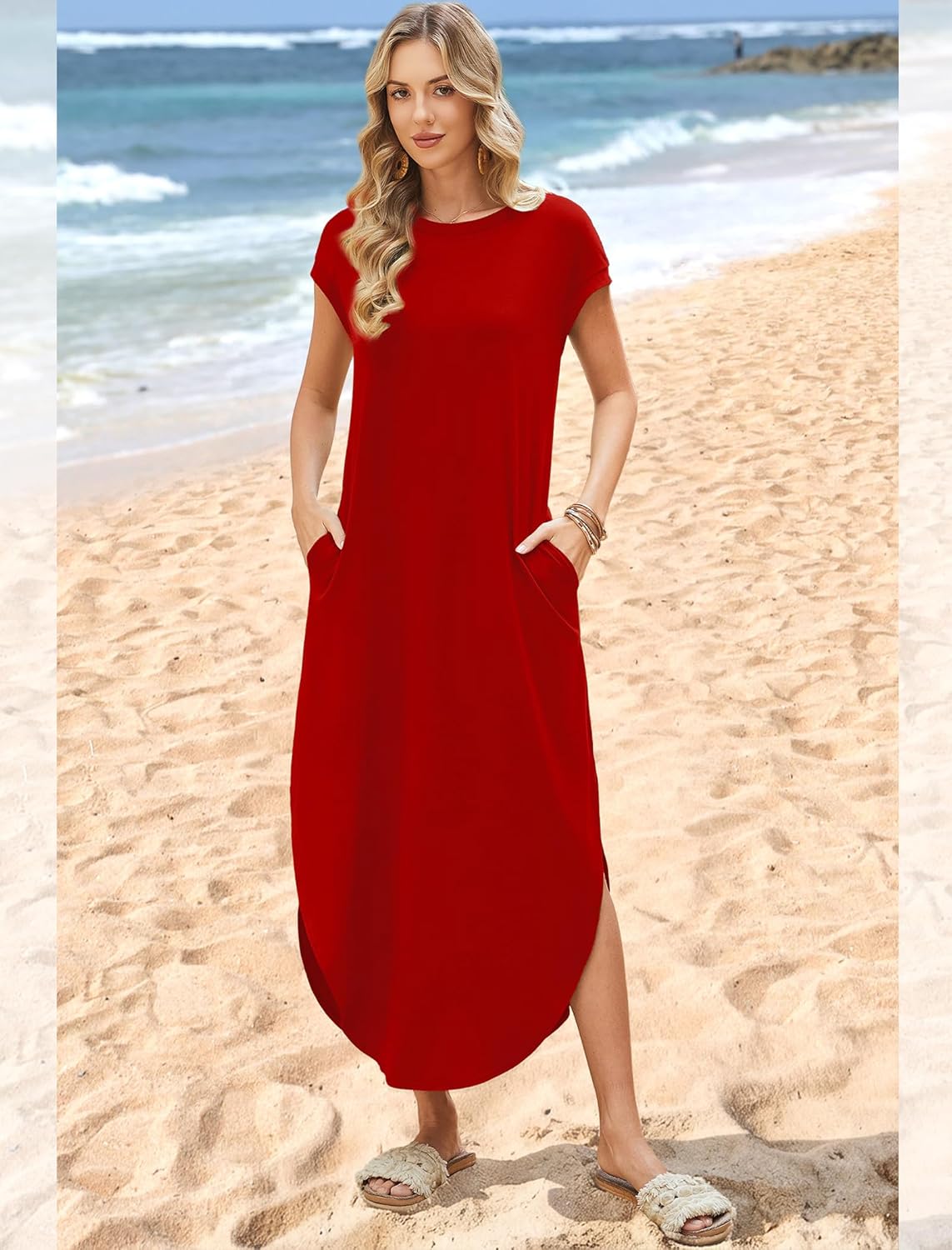 WIHOLL Summer Dresses Cap Sleeve Crewneck Maxi Long Casual Dress with Pockets Beach Vacation Sundresses 2026 Trendy - Image 3