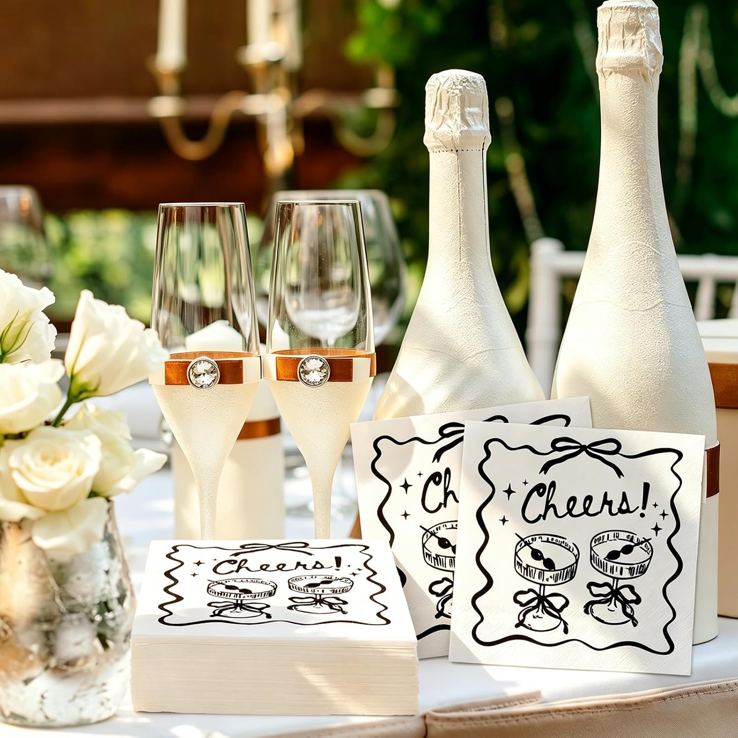FYSUIMU 50 Pcs Black Cheers Cocktail Paper Napkins Champagne Bow Disposable Decorative Beverage Napkin for Bachelorette Party Wedding Bridal Shower Birthday Bar Supplies Table Decor