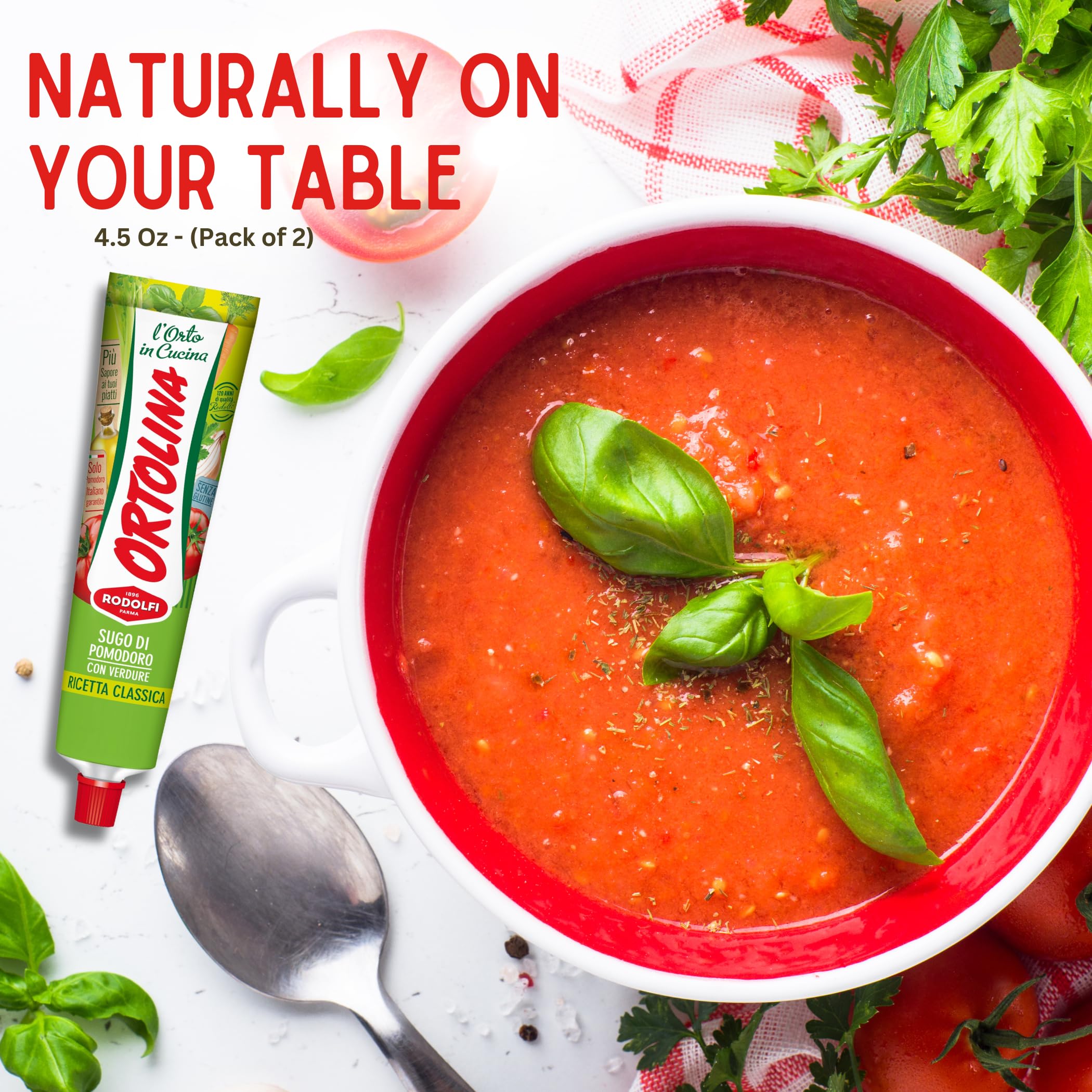 Tomato Paste Tube "Ortolina" Rodolfi Sauce, 130 gr (4.5 Oz) - Pack of 2, Authentic Italian Product with Fresh Tomatoes and Vegetables, Imported from Italy, Additive-free