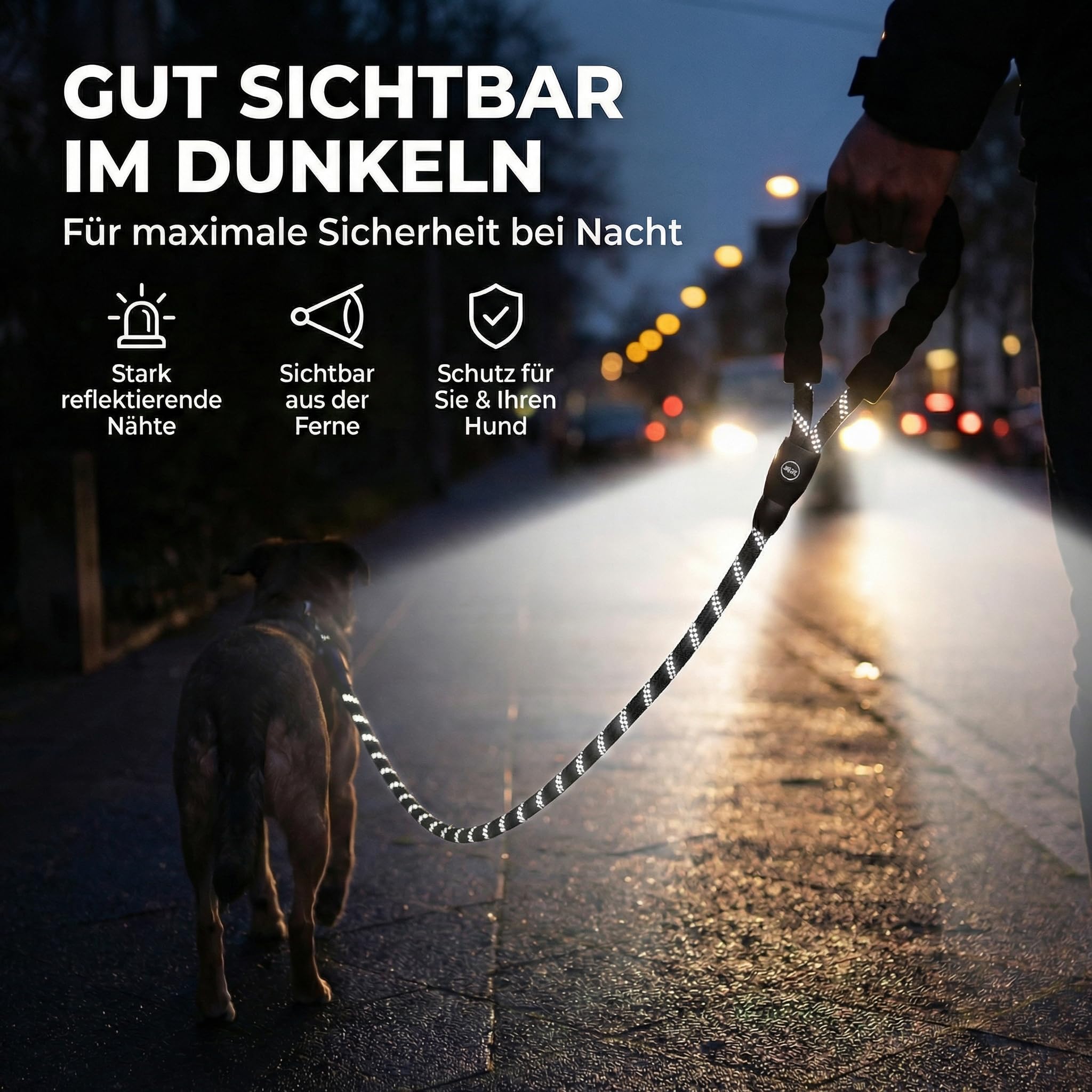 HUND IST KÖNIG Smycz dla psa, na spacery i treningu, z miękkim uchwytem i elementami odblaskowymi, idealna smycz do noszenia na co dzień dla psów o wadze 10-25 kg (True Black, 3,0 x 1,2 cm)