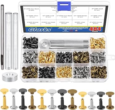 Glarks 240 Sets Leather Rivets with 4Pcs Setting Tool Kit, 4 Colors 3 Sizes Double Cap Rivets Tubular Metal Studs Leathercraft Rivets for Bags Clothing Shoes Leather Craft