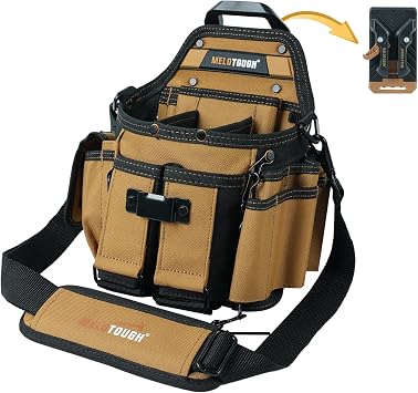 MELOTOUGH Electrician Tool Pouch Bag with Shoulder Strap Professional 15 Pockets Tool Pouch with Belt Clip Quickly Attach and Release Tool Bag