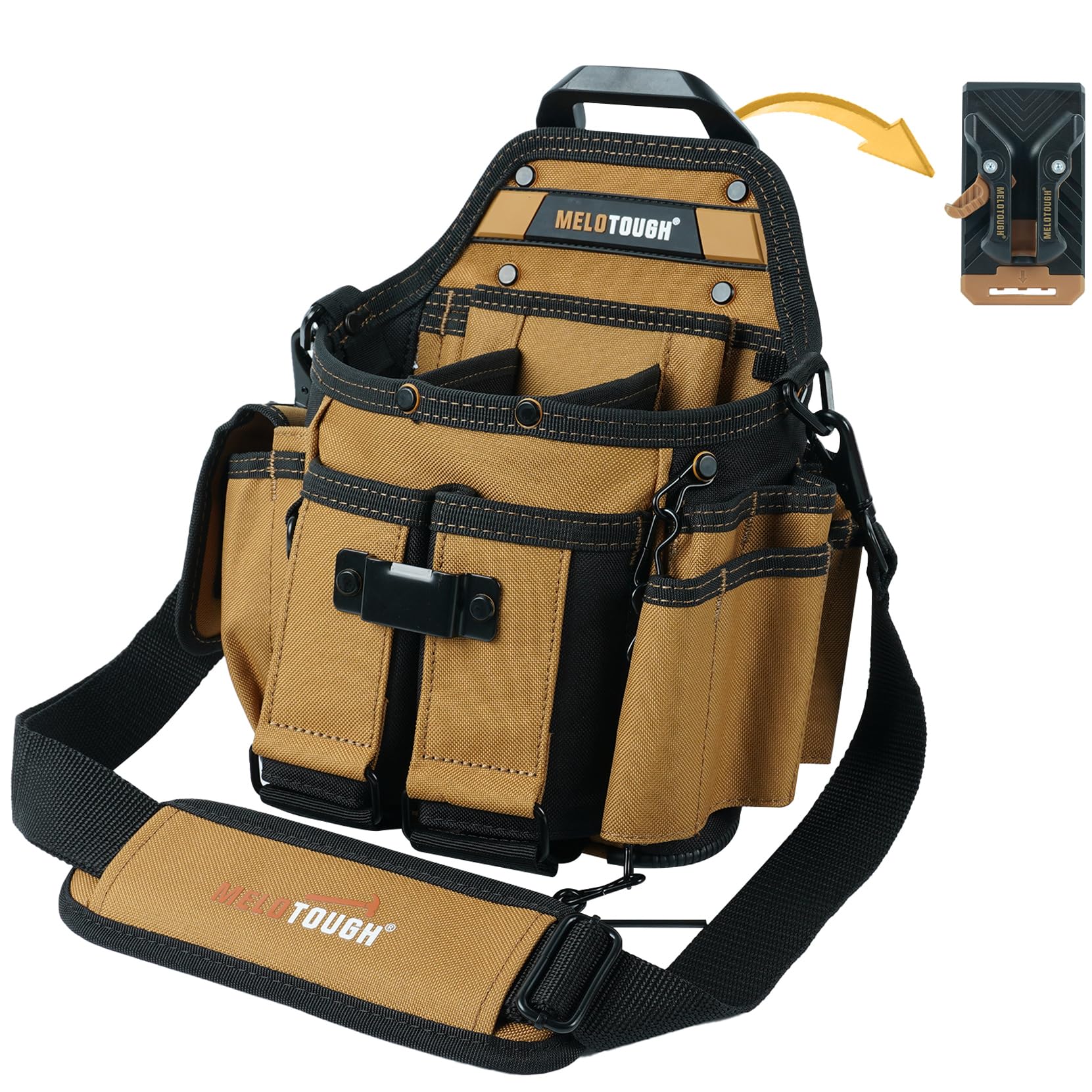 MELOTOUGH Electrician Tool Pouch Bag with Shoulder Strap Professional 15 Pockets Tool Pouch with Belt Clip Quickly Attach and Release Tool Bag（Khaki）