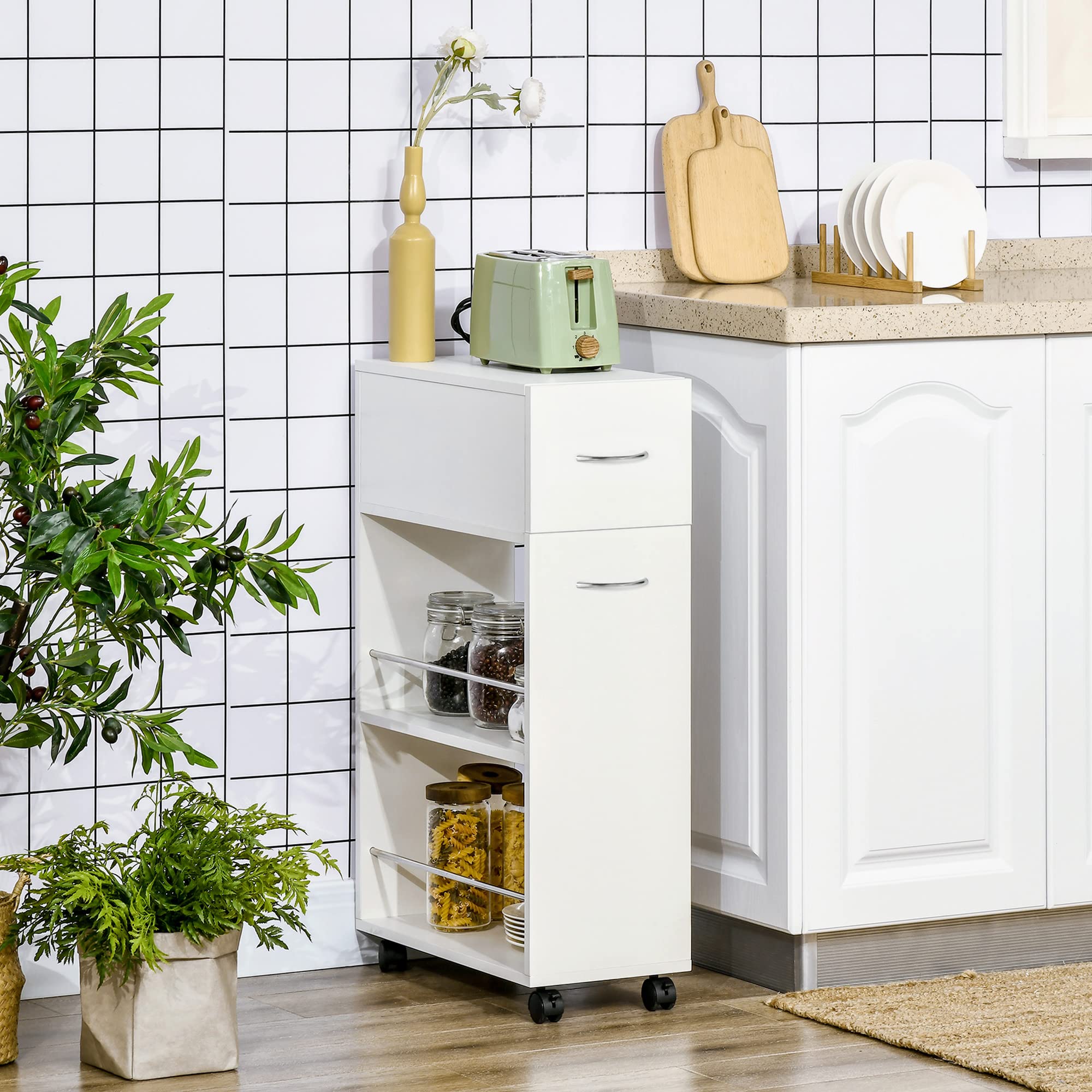 HOMCOM Carrito de Cocina con 1 Cajón, 2 Estantes, Ruedas 25x50x85 cm Blanco | Carrito Verdulero, Carro Auxiliar, Estantes Abiertos, Comedor, Salón, Baño