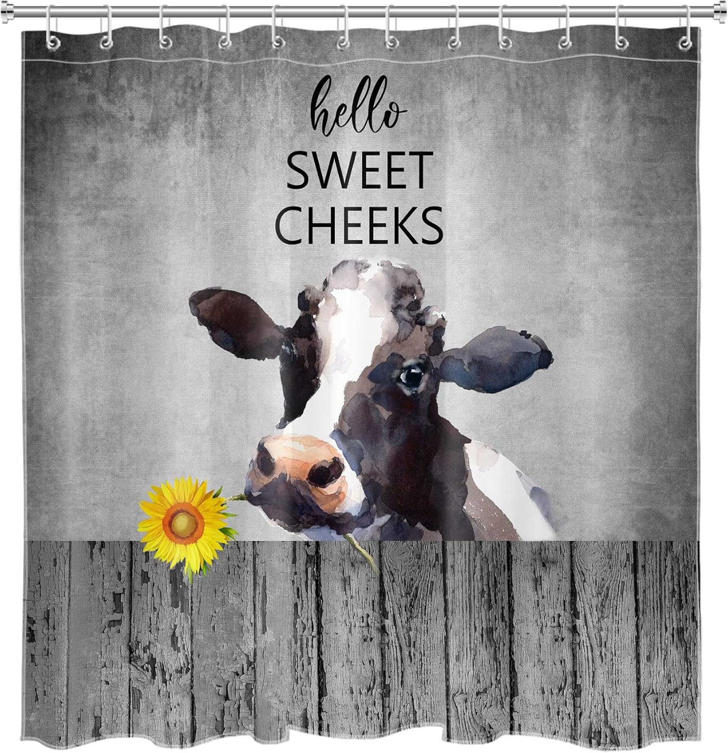 Farmhouse Cow Shower Curtain Funny Animal Cow with Sunflower Rustic Wood Shower Curtain for Bathroom Hello Sweet Cheeks Country Bathroom Curtain with Hooks 70x78 Inch Polyester Fabric