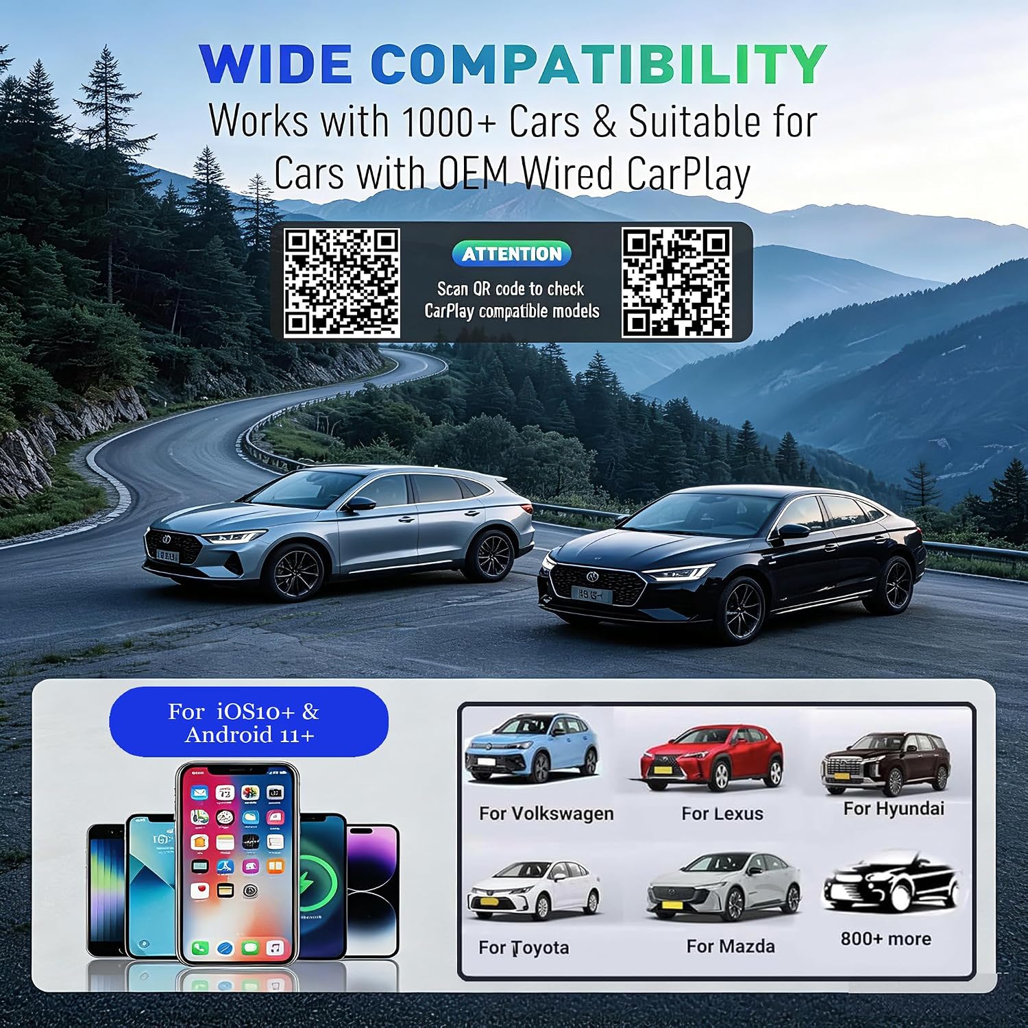 Ultra Mini Wireless CarPlay Adapter for iPhone ＆Android – 2026 Next-Gen 2 in 1 Wireless CarPlay ，5s Auto Reconnect, One-Click Switch for Two Phones, 5.8GHz WiFi+Bluetooth5.4，Adapter Stable & No Lag