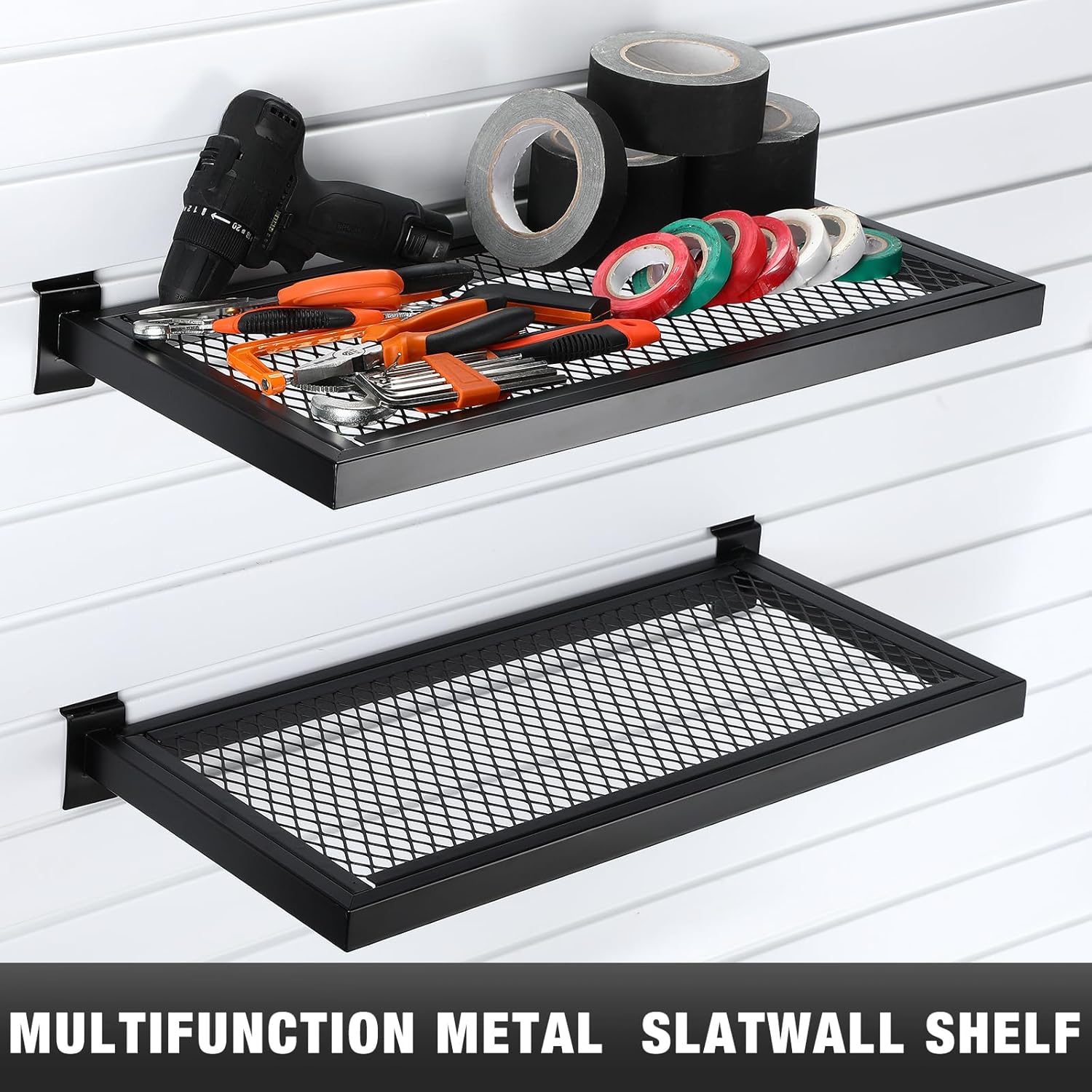 Coume 4 Pack Slatwall Shelf Metal 23.6 x 11.8 Inch Slatwall Display Rack Wall Mount Hanging Accessory for Garage Workshop Stores Retail Boutiques Storage and Organization Black