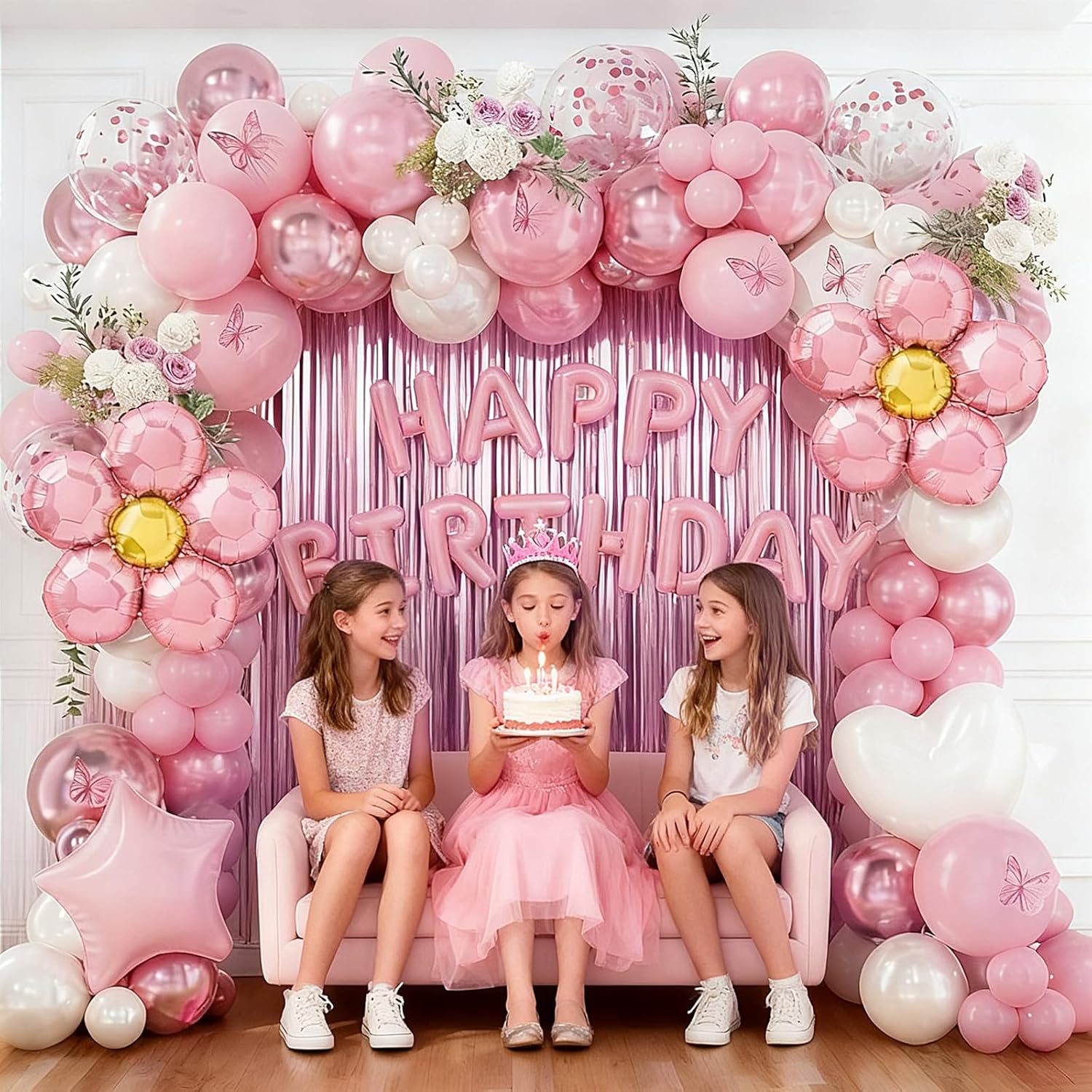 DBKL Pink Birthday Party Decorations, Pearl White Pink Metallic Pink Flower Foil Balloons Birthday Banner Butterfly Fringe Curtains Decorations for Women Girls Party Supplies - Image 6