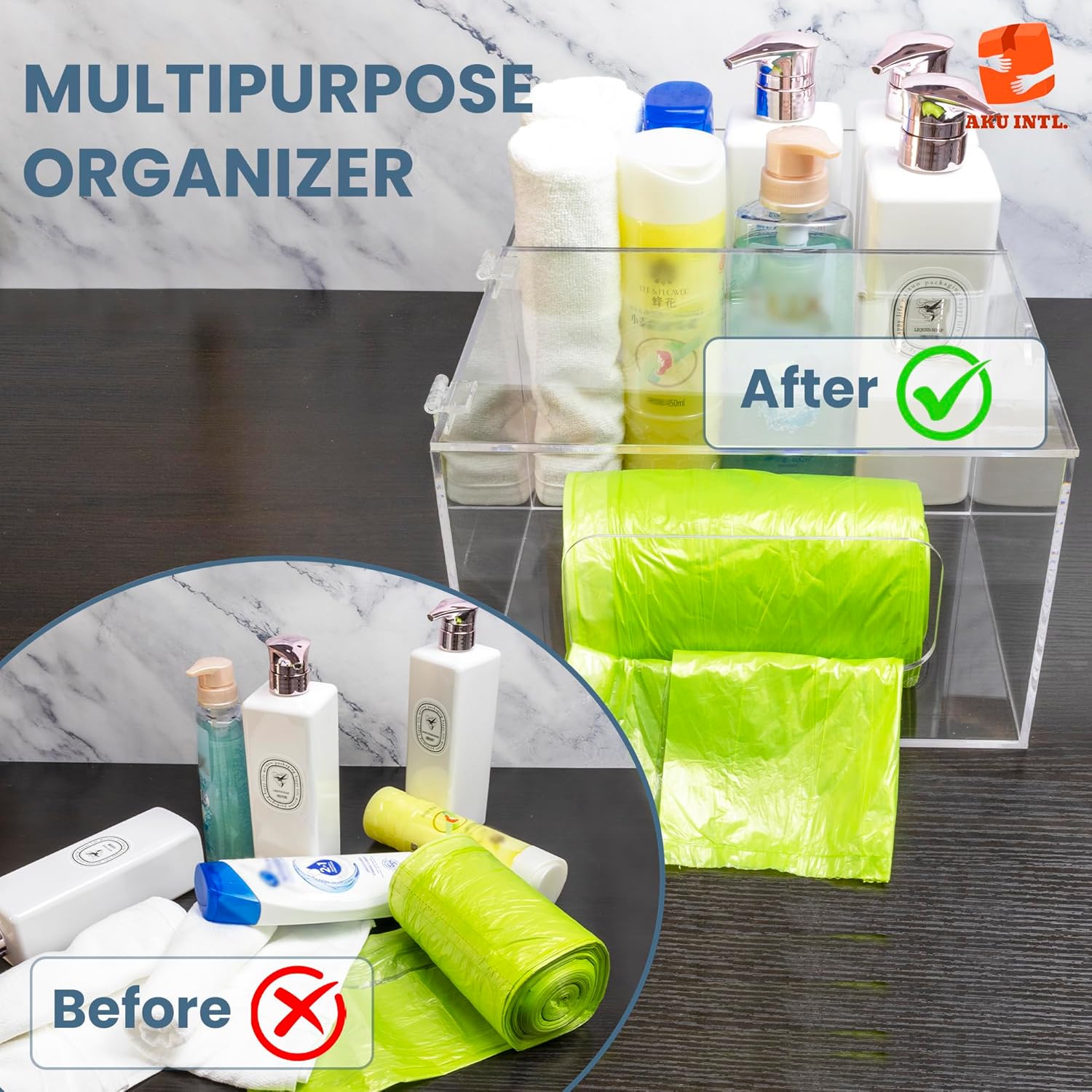 2 in 1 Acrylic Trash Bag Dispense and Storage Organizer, Multi-Compartment Holder for Garbage Bags and Cleaning Supplies Trash Bag Tissue Box Dispenser for Kitchen, Laundry Rooms, Bathrooms