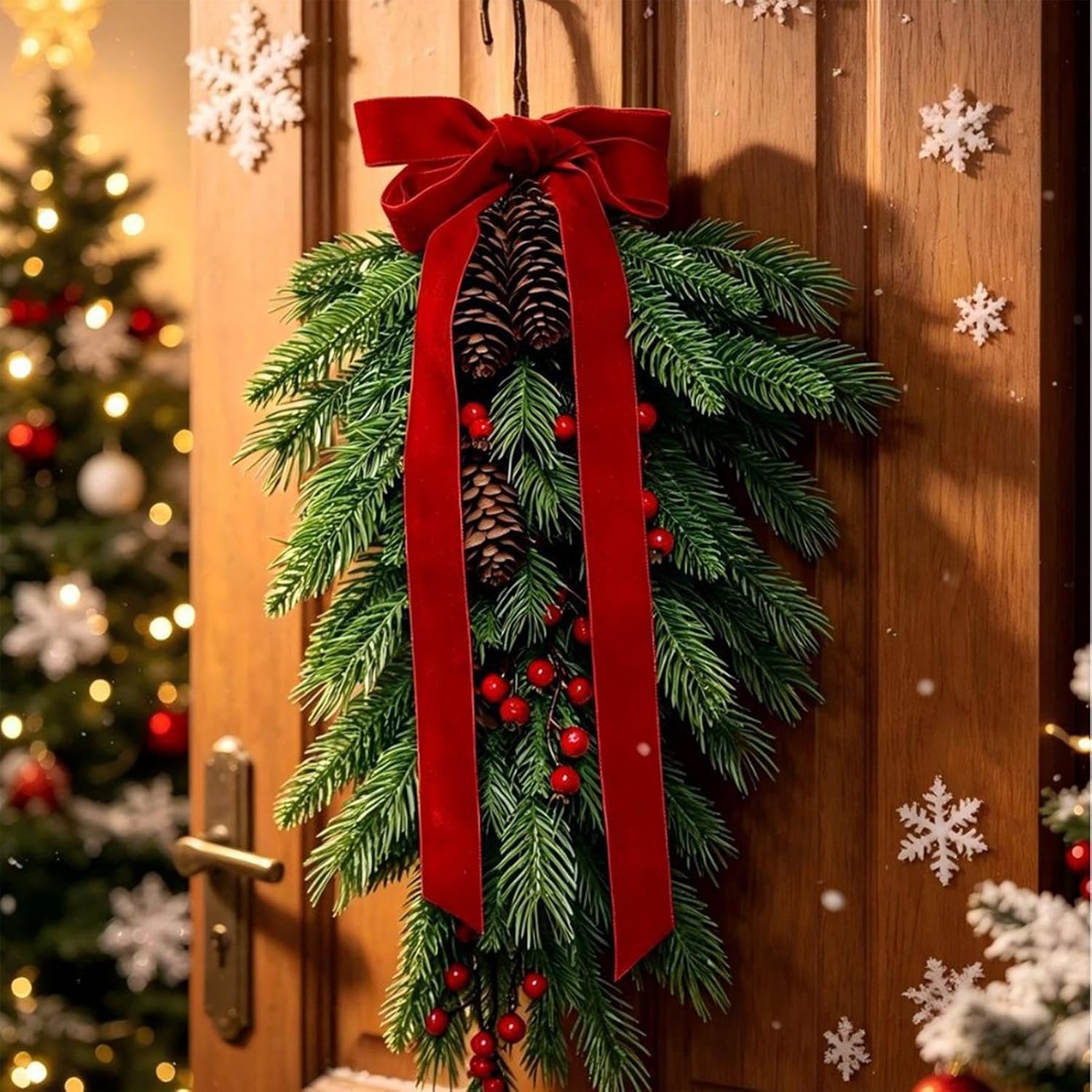 Christmas Decorations 17.7inch Artificial Teardrop Swag Decoration with Bow