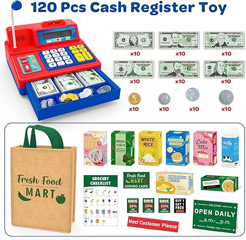 Miniatura 2 de Calculadora de caja registradora de juguete de regalo para niños de 3, 4, 5, 6, 7, 8+ años, juego de 120 piezas de tienda de comestibles con