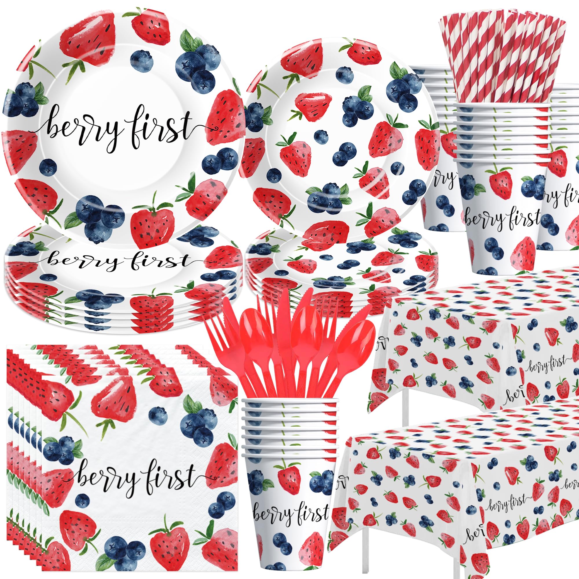 Owelleny Berry First Birthday Party Supplies for Kids, Fruit Theme Blueberry Strawberry First Birthday Party Decorations, Paper Plates, Cups, Napkins,