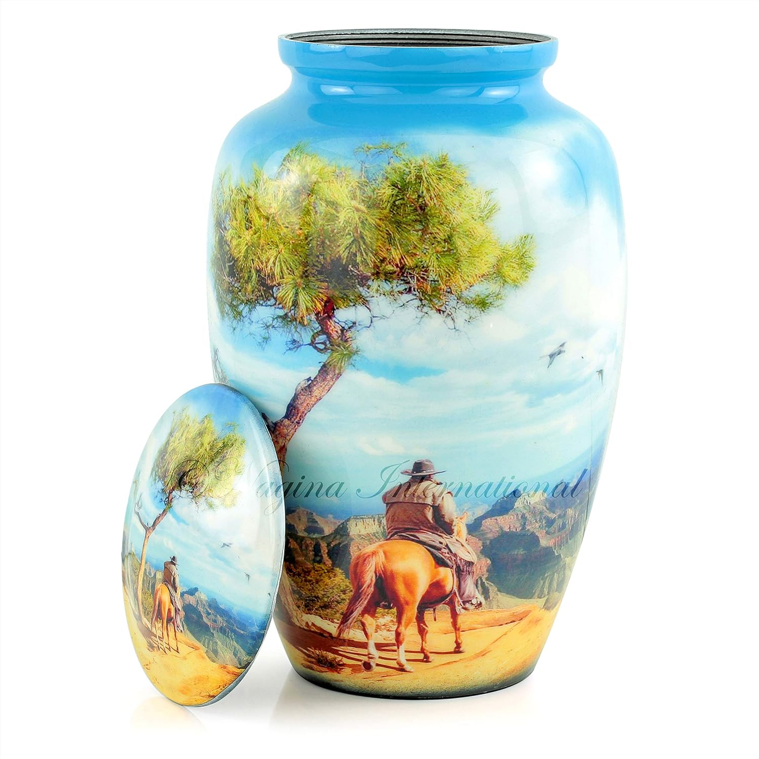 10" Large Metal Classic Cremation Beautiful Printed Urns | Cremation Ash Remains Storage Funerary Urn | Adult Human & Pet Loss Urns (Western Cowboy Blue)