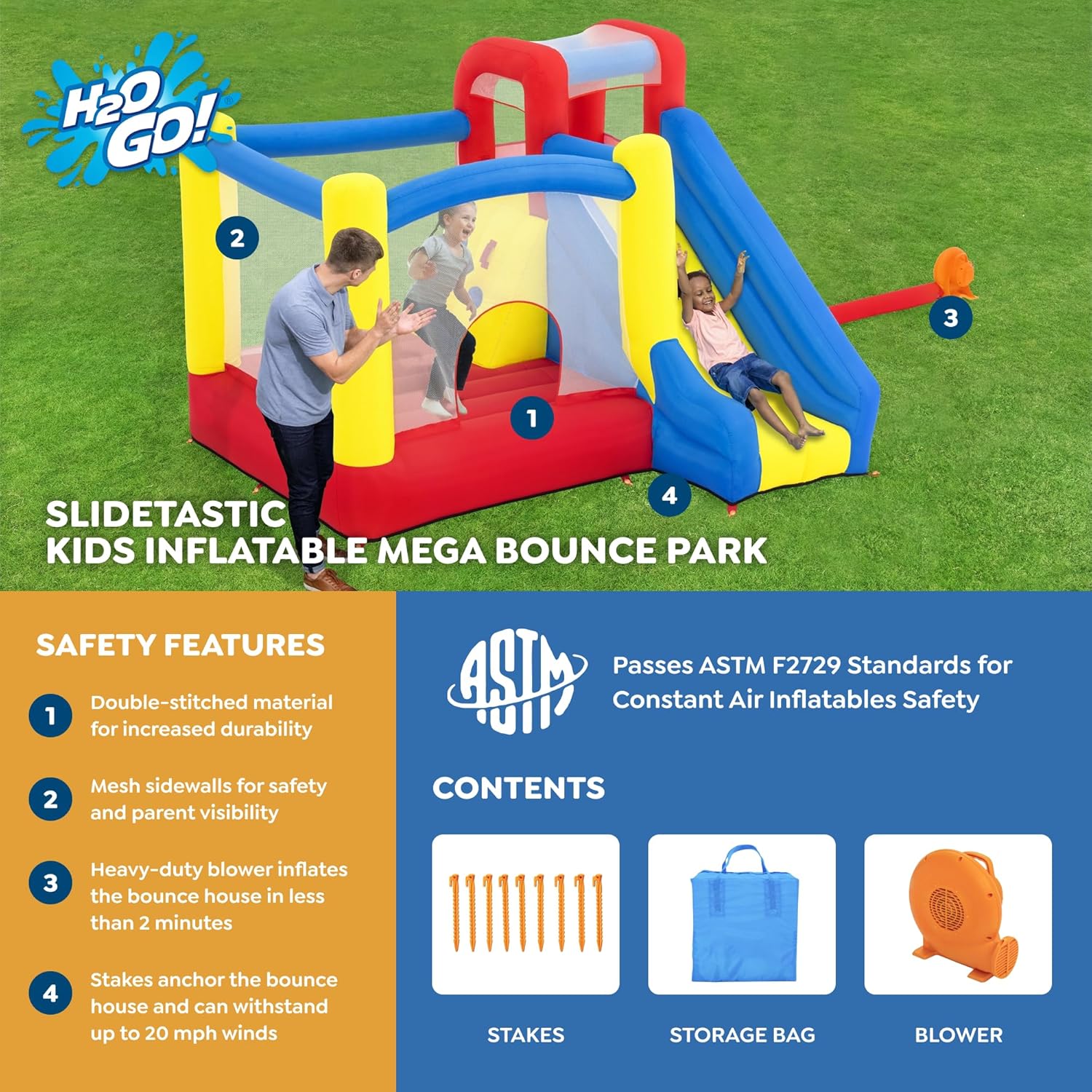 H2OGO! Slidetastic Mega Bouncer Bounce House (9' x 8'5" x 84") | for Indoor and Outdoor Play | Perfect for Kids Ages 3+