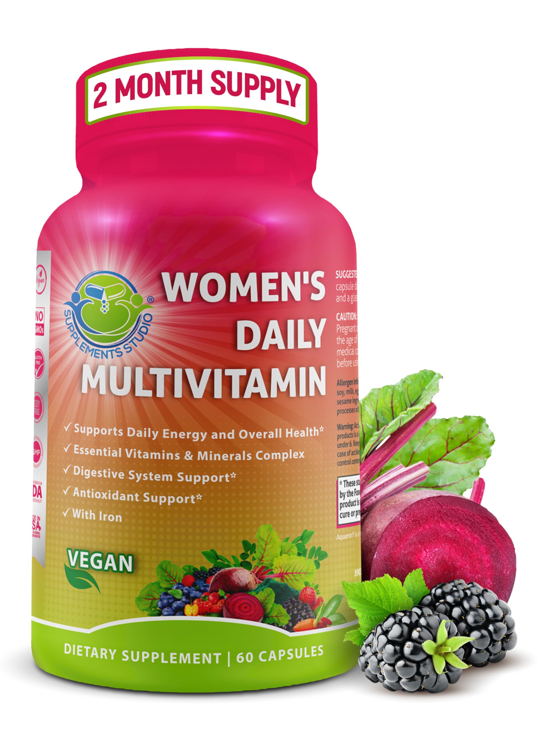 Women's Daily Multivitamin with Iron - Vegan Methylated Multivitamin for Women with Biotin, Organic Superfoods, Probiotics, B-Complex - Energy, Gut & Optimal Health Support – Easy to Swallow Capsules