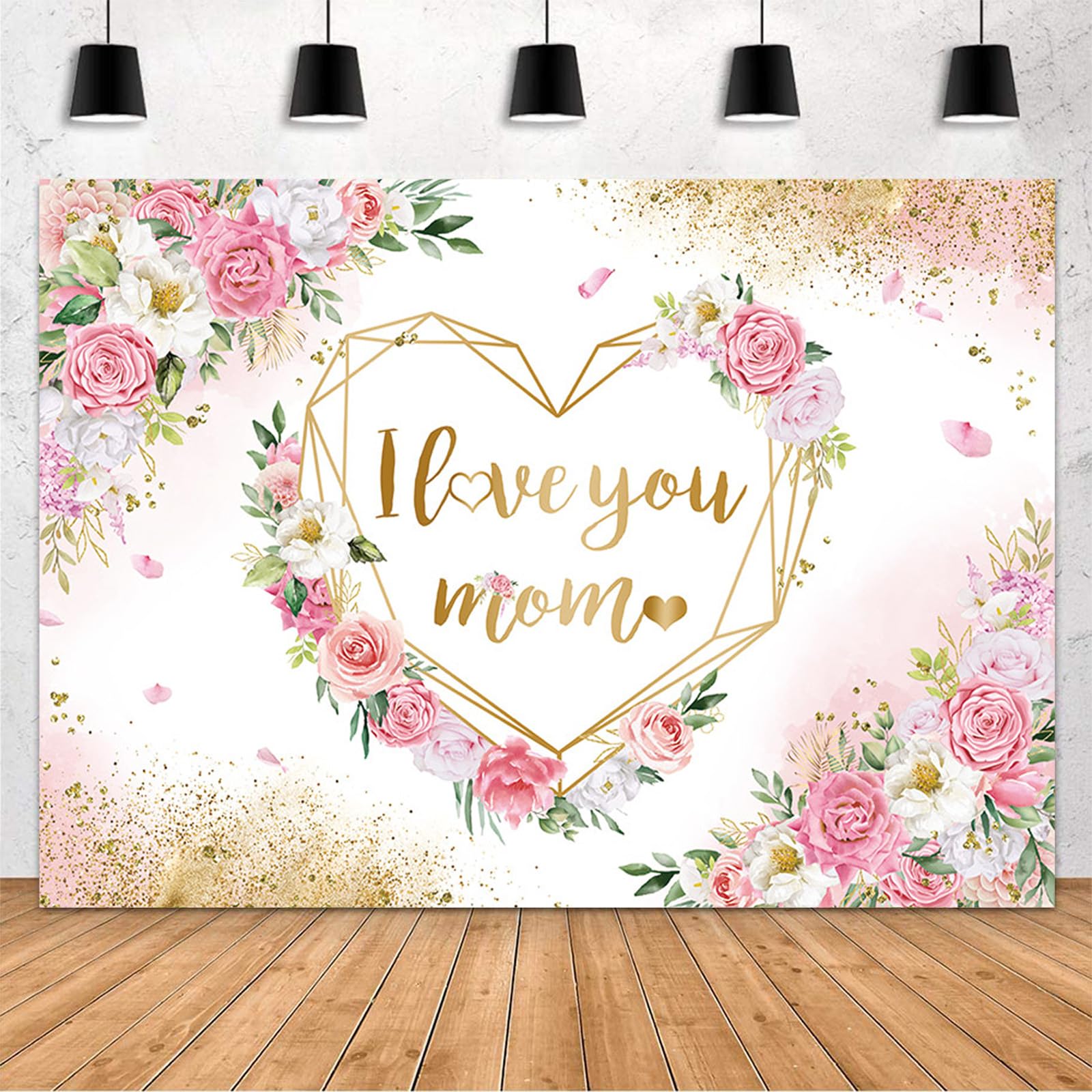 MEHOFOND 10x7ft Happy Mother's Day Backdrop I Love You Mom Mothers Day Party Decorations Backdrop Love Heart Pink Floral Backdrop Banner Petal Gold