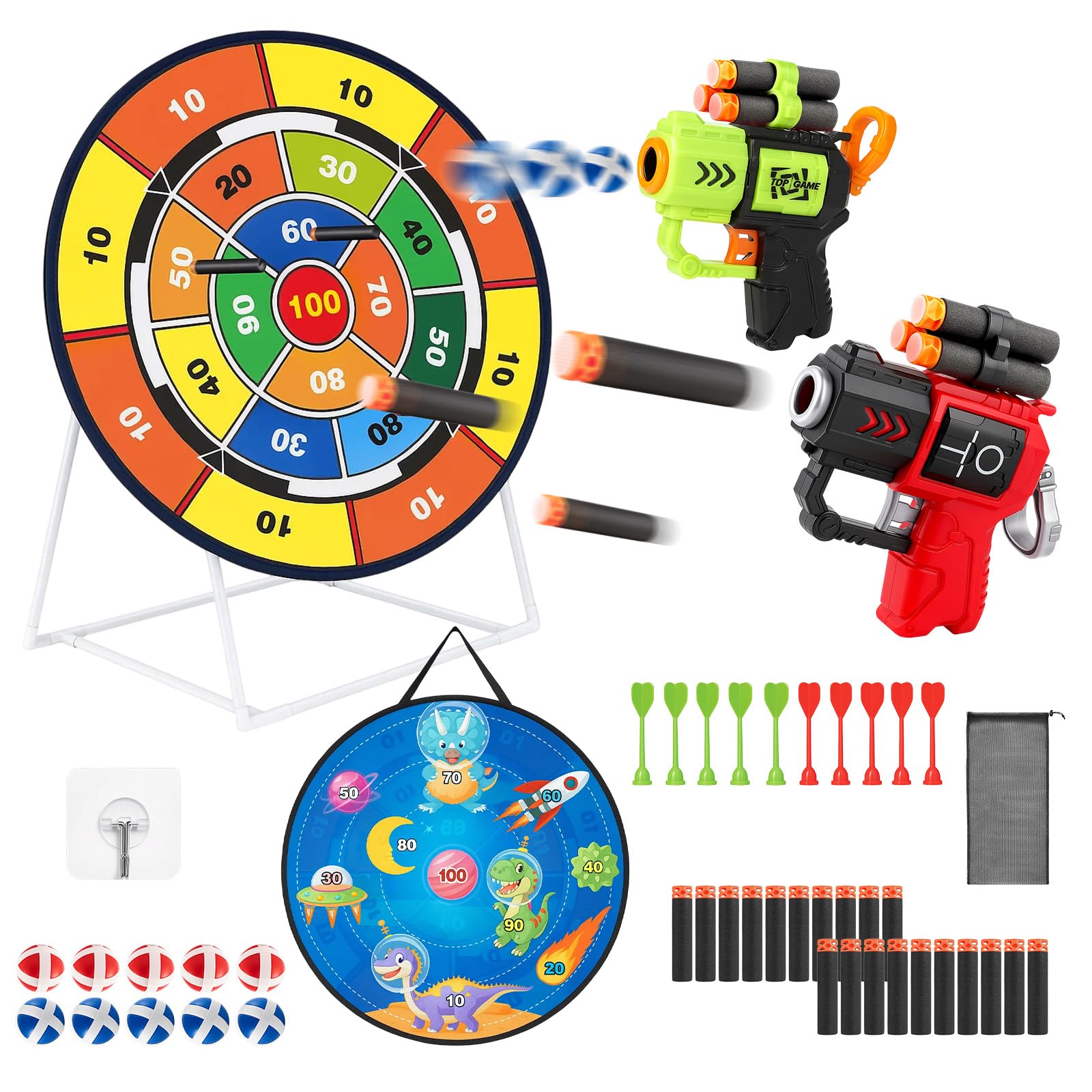 LN COZY CORNER 26in Double Sided Dart Board Game Set for Kids Adults Indoor Outdoor with Blaster Guns Sticky Balls and Darts