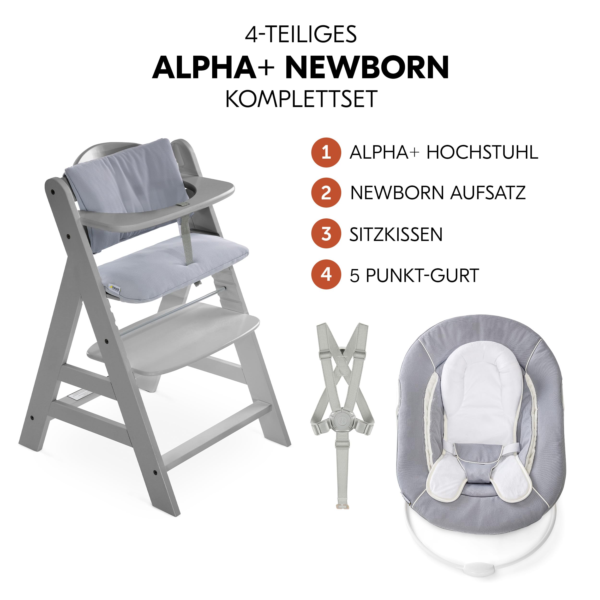 hauck Alpha+ Hochstuhl Newborn Set mit 2in1 Bouncer - Grau | Mitwachsender Holz Kinderhochstuhl ab Geburt bis 90 kg | inkl. Neugeborenenaufsatz & Sitzkissen