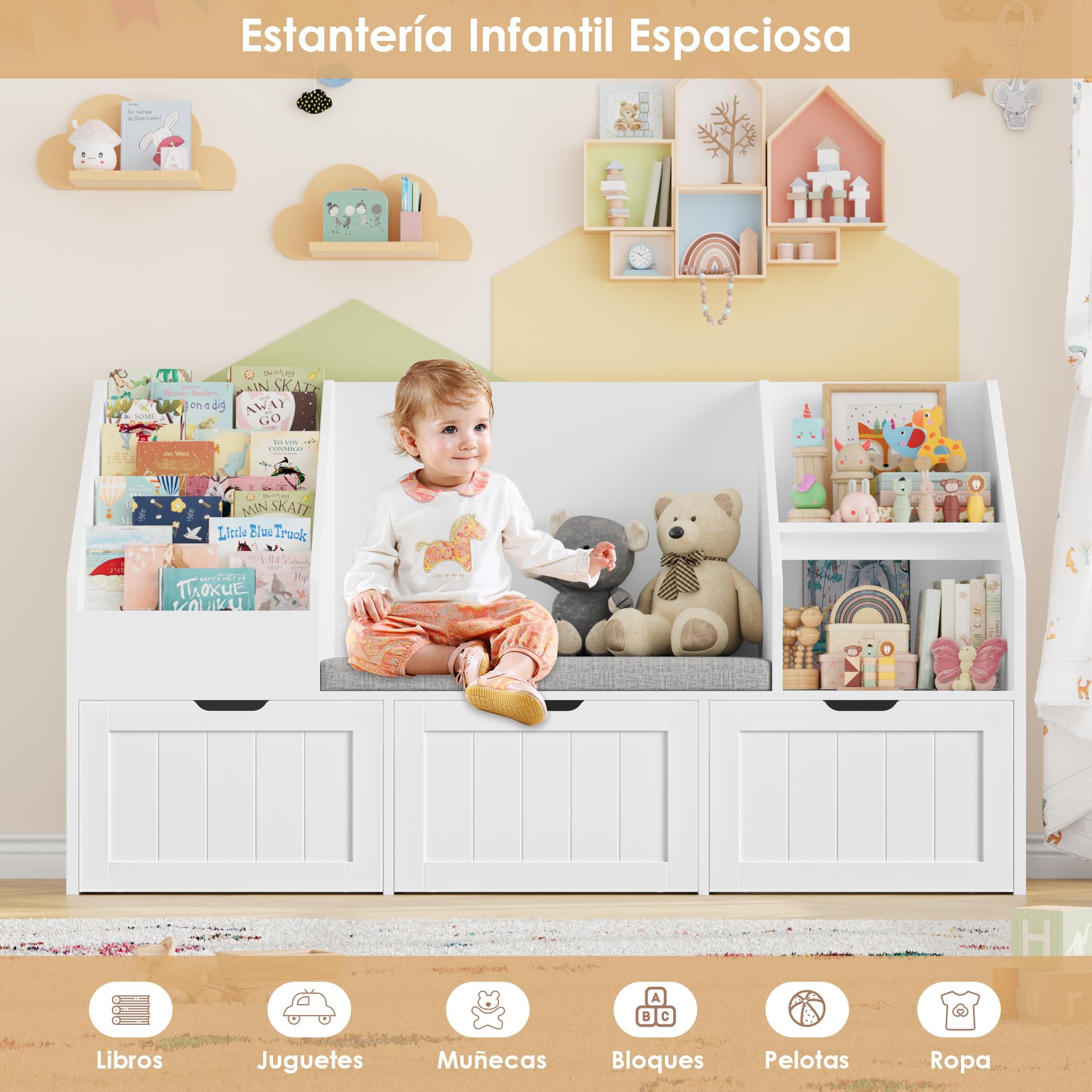FOREHILL 140cmAn. Organizador de Juguetes y Banco Infantil 2 en 1 con Cojín | Mueble Almacenaje Juguetes, Estantería Infantil con Asiento, 3 Cajones con Ruedas para Habitación Infantil Blanco 140x40x80cm