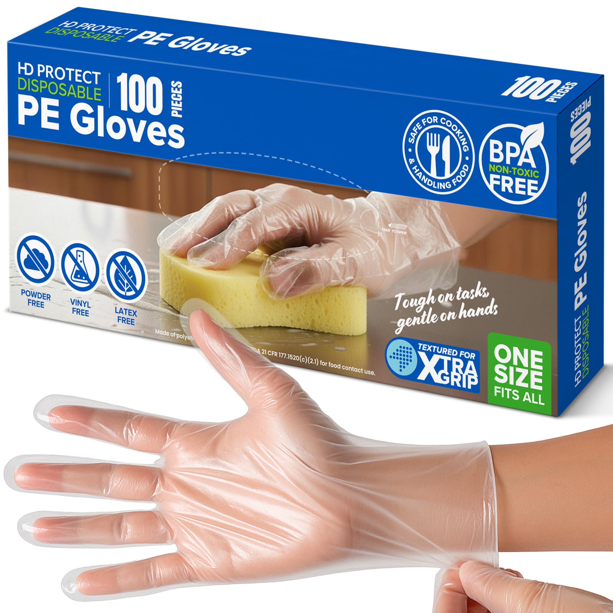 Disposable Plastic Gloves 100 Pack – Food Safe, BPA &amp; Latex-Free HDPE Clear gloves for Cooking, Food Prep, Kitchen Use, Serving &amp; Crafts – Clear, Single-Use, Comfortable Fit