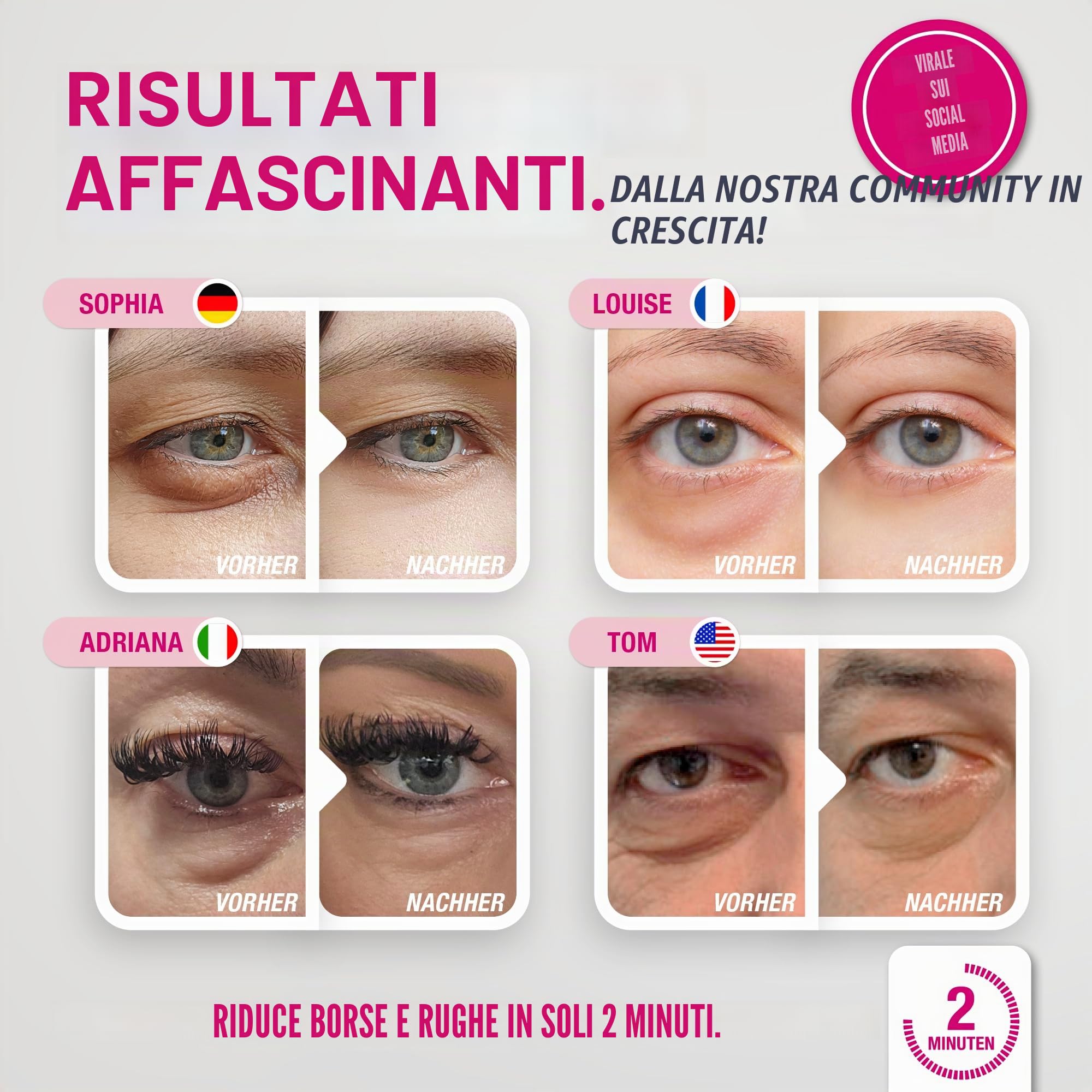 EYEBAGHACK - Effetto Express Eyelift contro le borse e le rughe, occhi visibilmente lisci in 2 minuti, tecnologia Invisible Flex Film per un effetto fino a 10 ore, 5x mini tubetti richiudibili