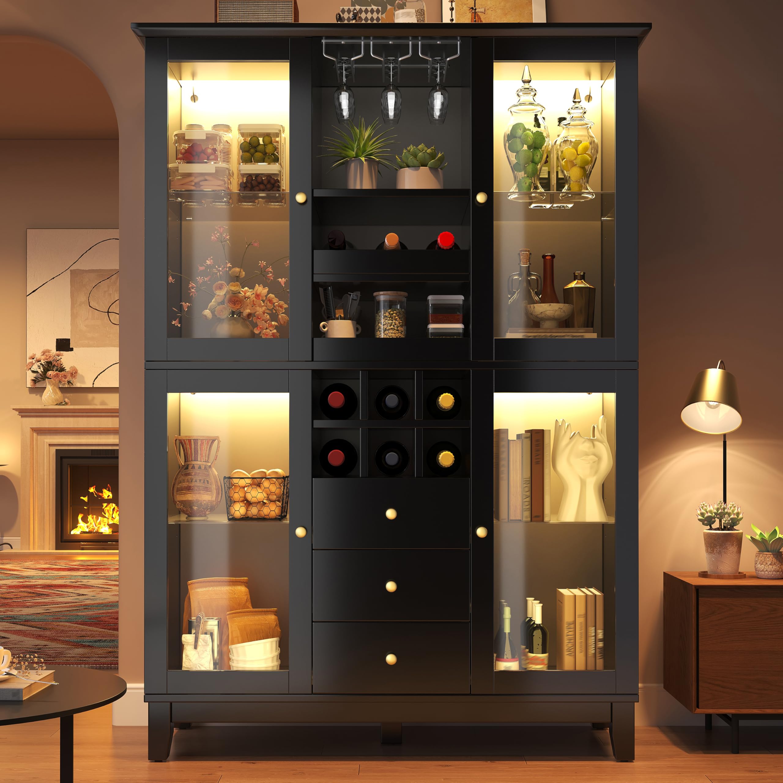 Weinschrank mit App-gesteuerter LED-Beleuchtung, 180,5x120x40 cm, Weinregal mit 3 Schubladen, Weinglas- & Flaschenhalter, Hausbar Weinbar, modernes Flaschenregal für Wohnzimmer & Esszimmer