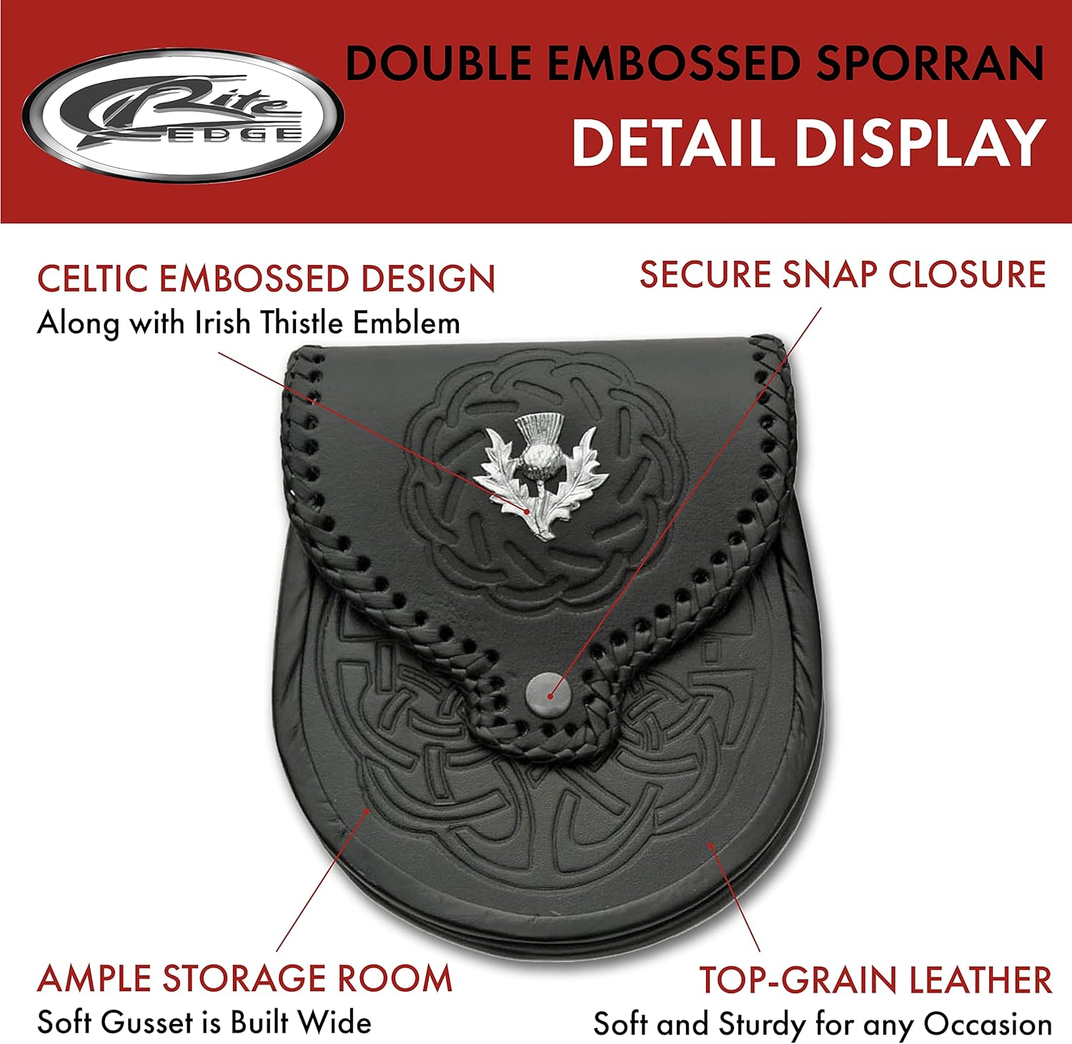 SZCO Medieval Sporran 8 Inch - Double Embossed Sporran Leather Pouch with 3 Tassels - Scottish Kilt Sporran with Chain Belt for Men - Medieval Bag for Costume & Renaissance Accessories - Image 2