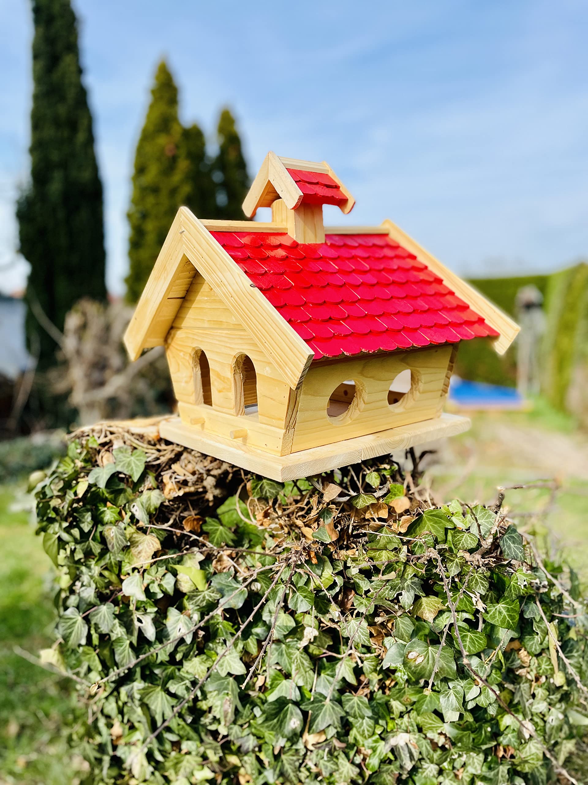 Rectangular hecha a mano para pájaros, comedero de madera, comedero de madera natural/rojo Birdhouse tejas de madera