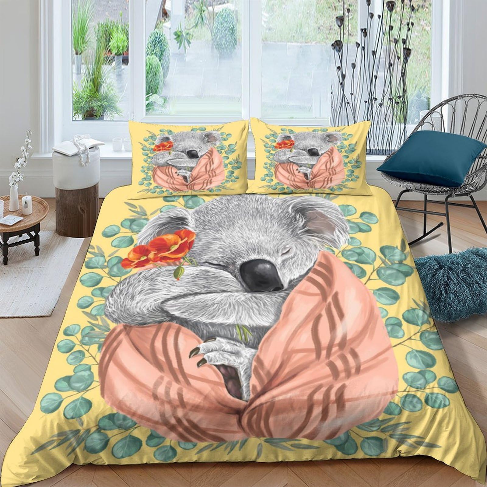 Ctjqhvkz Style-6 3D Printed Koala Floral Fitted Sheet Microfiber Yellow Animal Mattress Cover For Bedroom Guest Room Protective Decor Single（135X200cm）