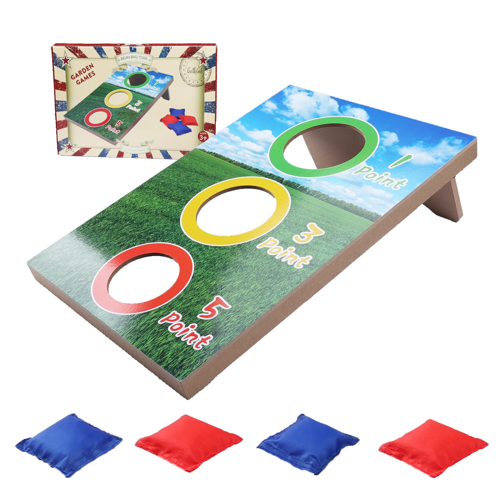 GOTHINK Portable Cornhole Set for Kids - 3 Holes Wooden Bean Bag Toss Game Set with 4pcs Cornhole Bags - Tossing Games for School Field Day Boys &