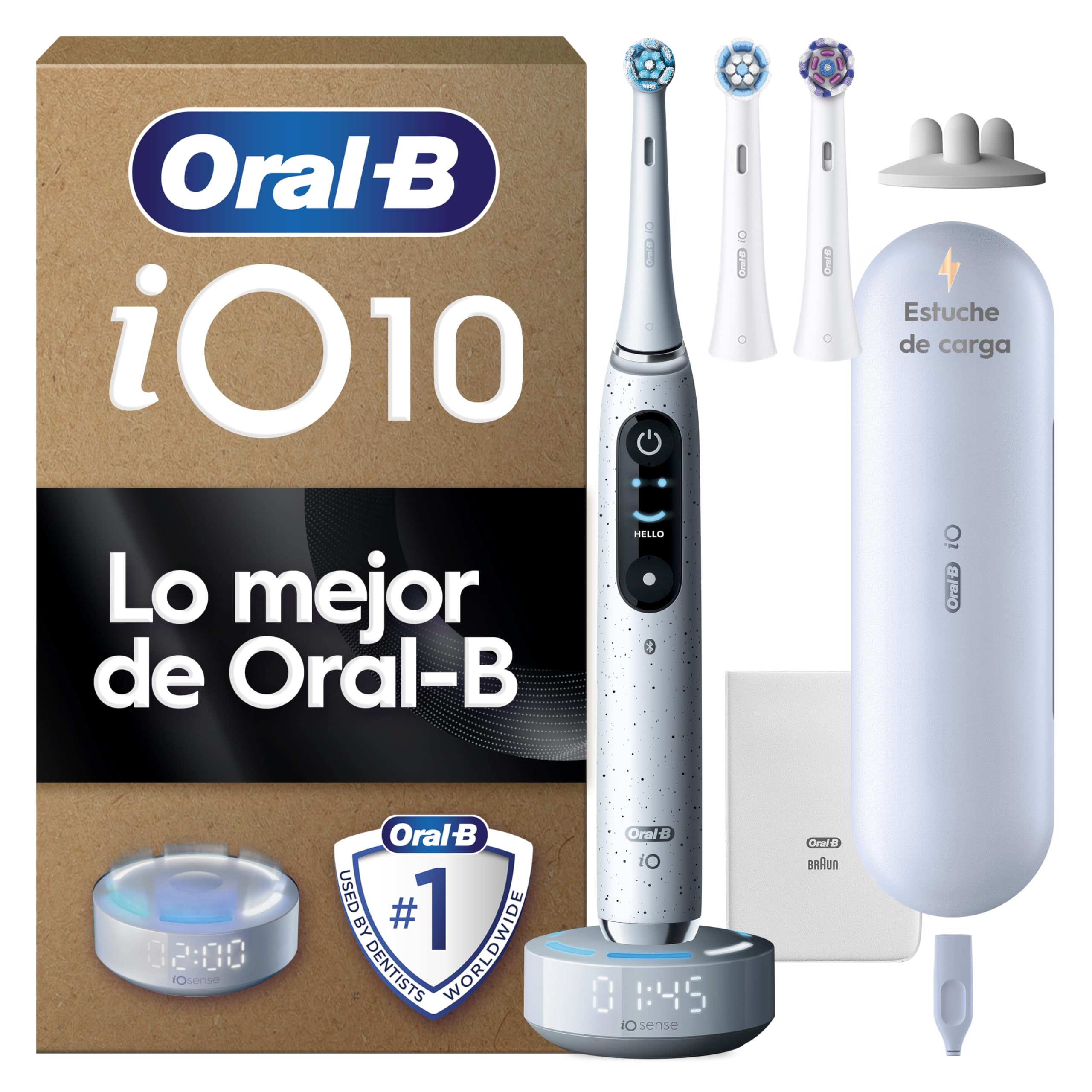 Oral-B iO 10 Cepillo de Dientes Eléctrico Blanco, con 3 Cabezales y 1 Estuche Cargador de Viaje, Diseñado por Braun