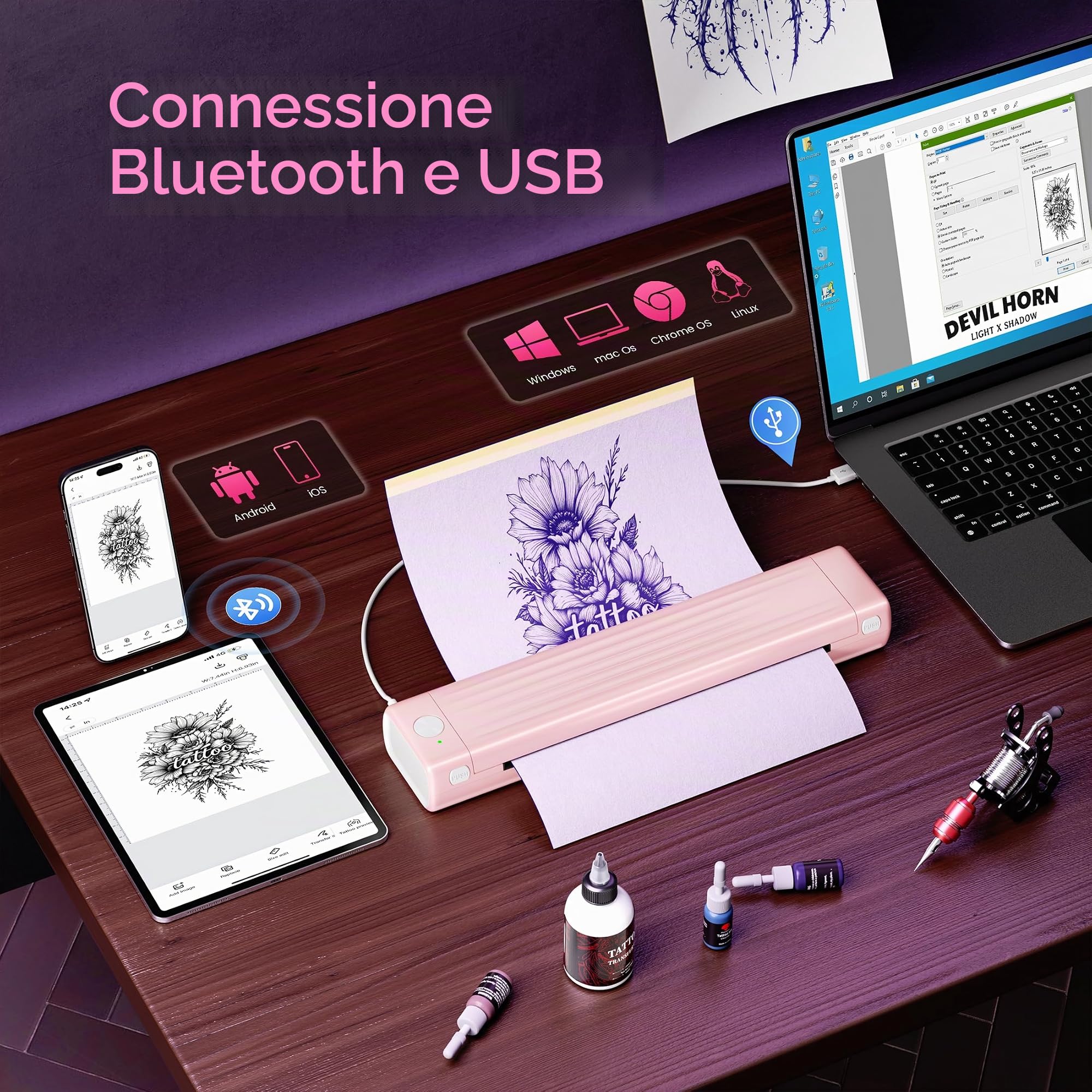 Itari Stampante Tattoo, Stampante Stencil Tattoo Compatibile con Phone e Tablet, A886 Plotter Macchine da Stampa per Artisti e Principianti con 10 Fogli di Carta Accessori per Tatuaggi, Rosso, 10Fogli