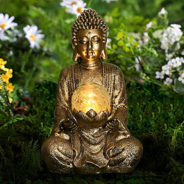Goodeco Meditating Buddha Ornament with Solar Light,Zen Solar Garden Buddha Statue with Cracked Glass Ball Sculpture-Indoor/Outdoor Decor Gifts for Balcony,Garden,Patio, Porch Yard Art,26.5cm