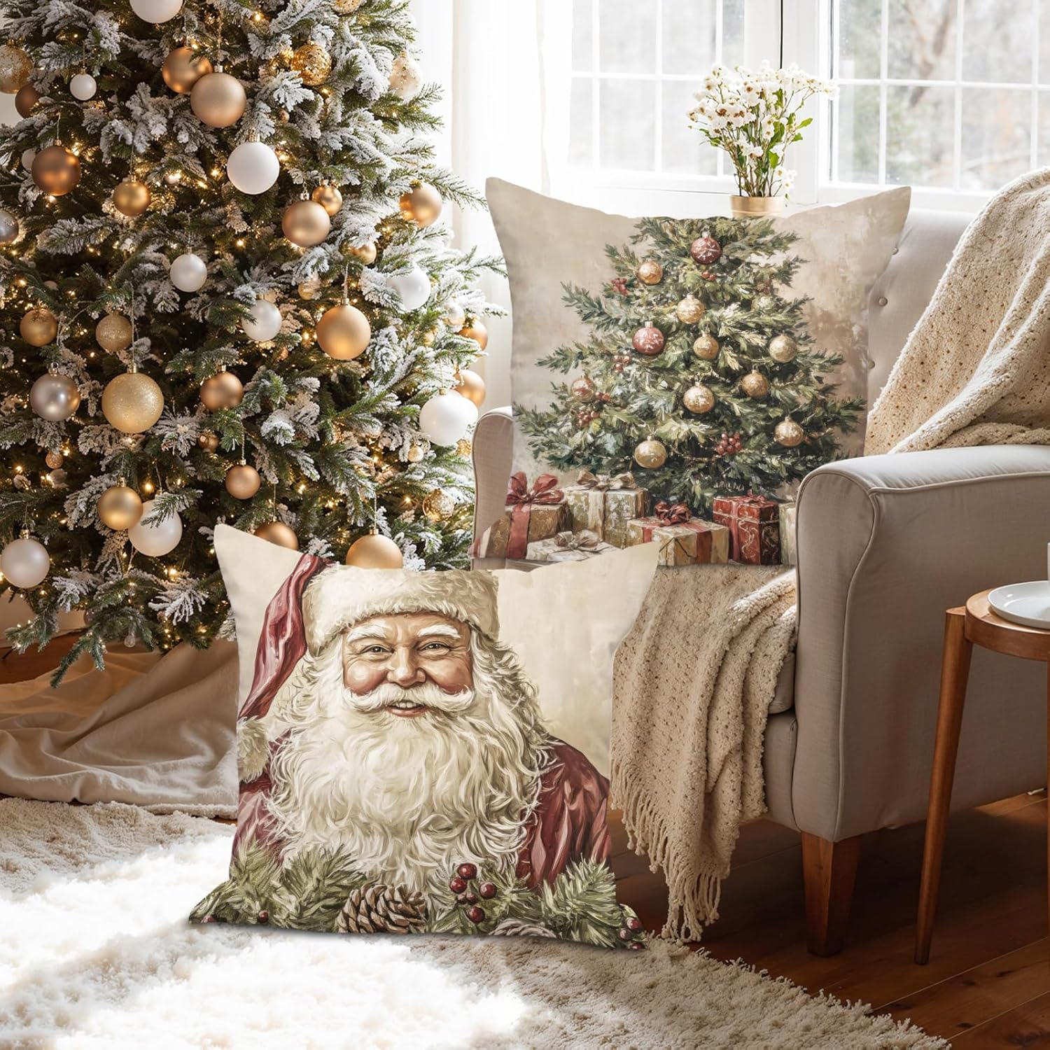 Lanpn 24x24 Christmas Throw Pillow Covers Set of 4, Santa Tree Snowman Christmas Pillow Cover Pillowcases Decorative Cushion Cover Xmas Pillow Cases for Home Room Sofa Couch Decor