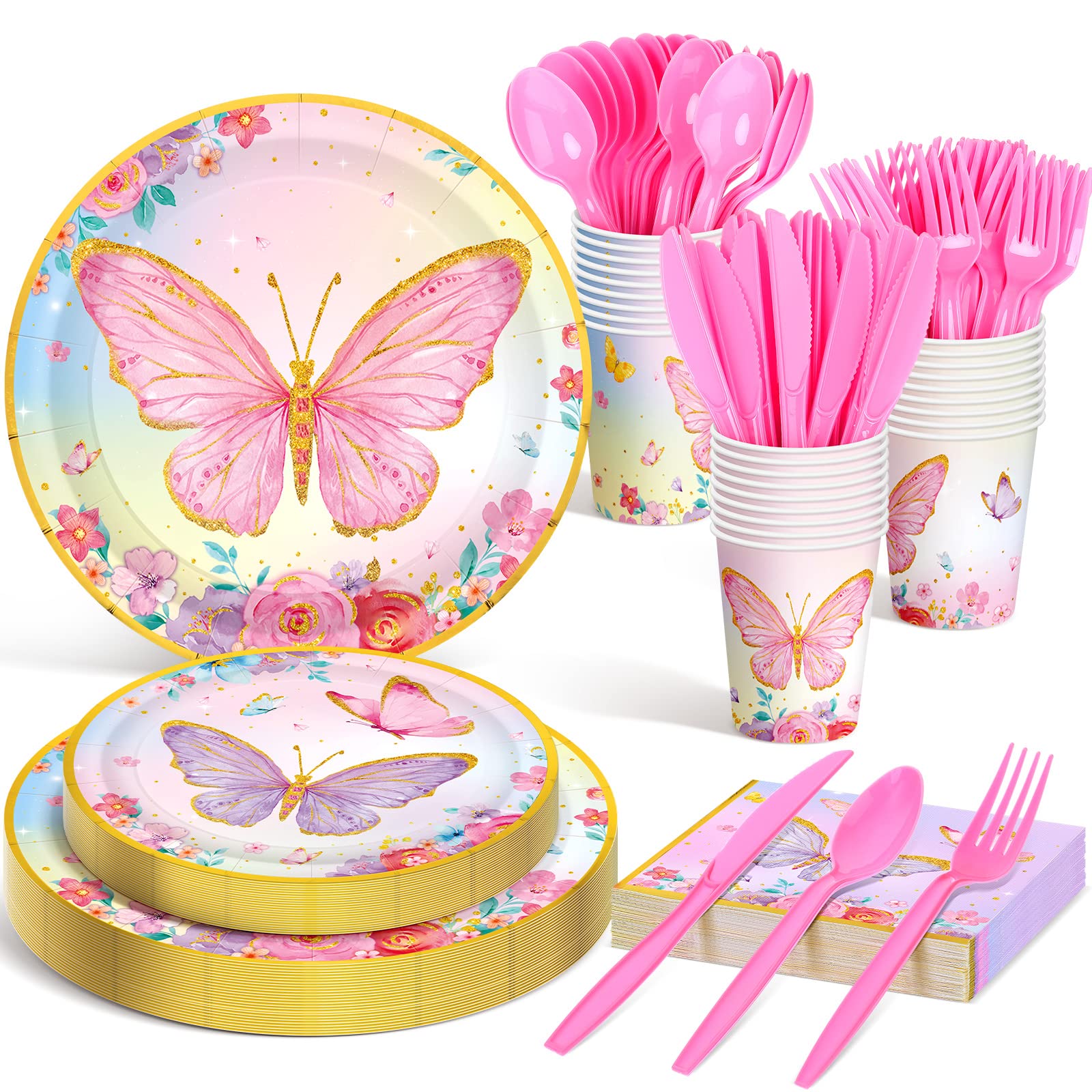 Meanplan 168pcs Butterfly Party Decorations Pink Butterfly Paper Plates and Napkins Tableware Set Plates Napkins Cups Knives Fork Spoons for Girl Birthday Flower Butterflies Party Supplies 24 Guest