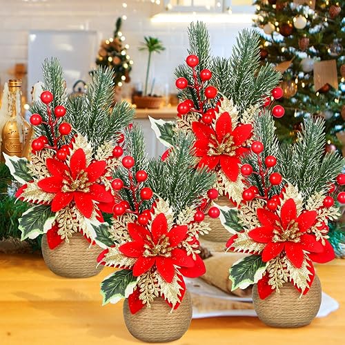 Miniatura 3 de Flores de Pascua artificiales de Navidad, flores de Navidad florales rojas, piñas y bayas de acebo, arreglos florales de seda en maceta decorativa,