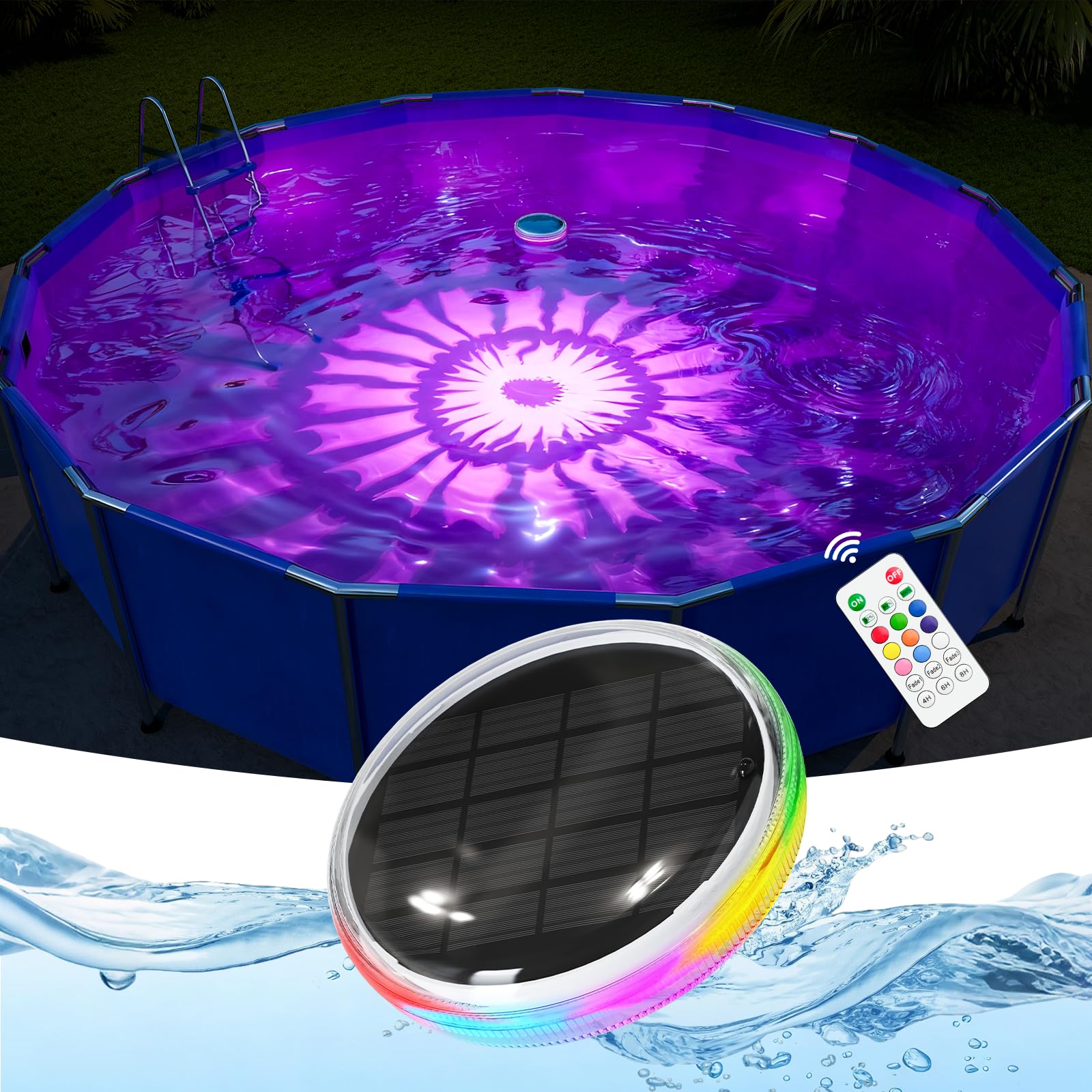 1 Pack RGB Solar Floating Pool Lights with Remote, Waterproof