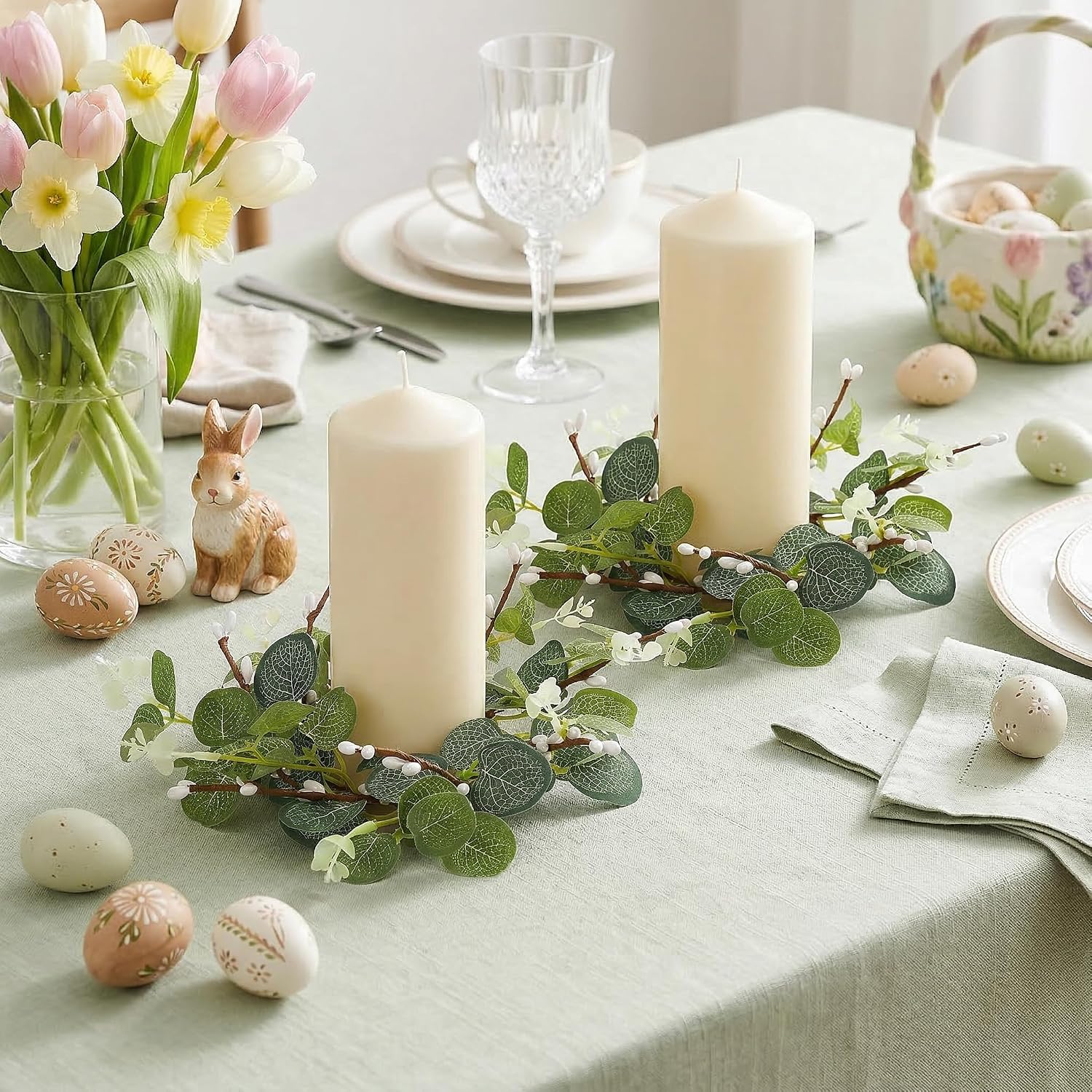 2Pcs Easter Eucalyptus Candle Rings for Pillar Candles, 6 Inch Artificial Greenery Wreath for Table Centerpiece, Decorative Eucalyptus Leaves Wreath for Easter Home Wedding Farmhouse