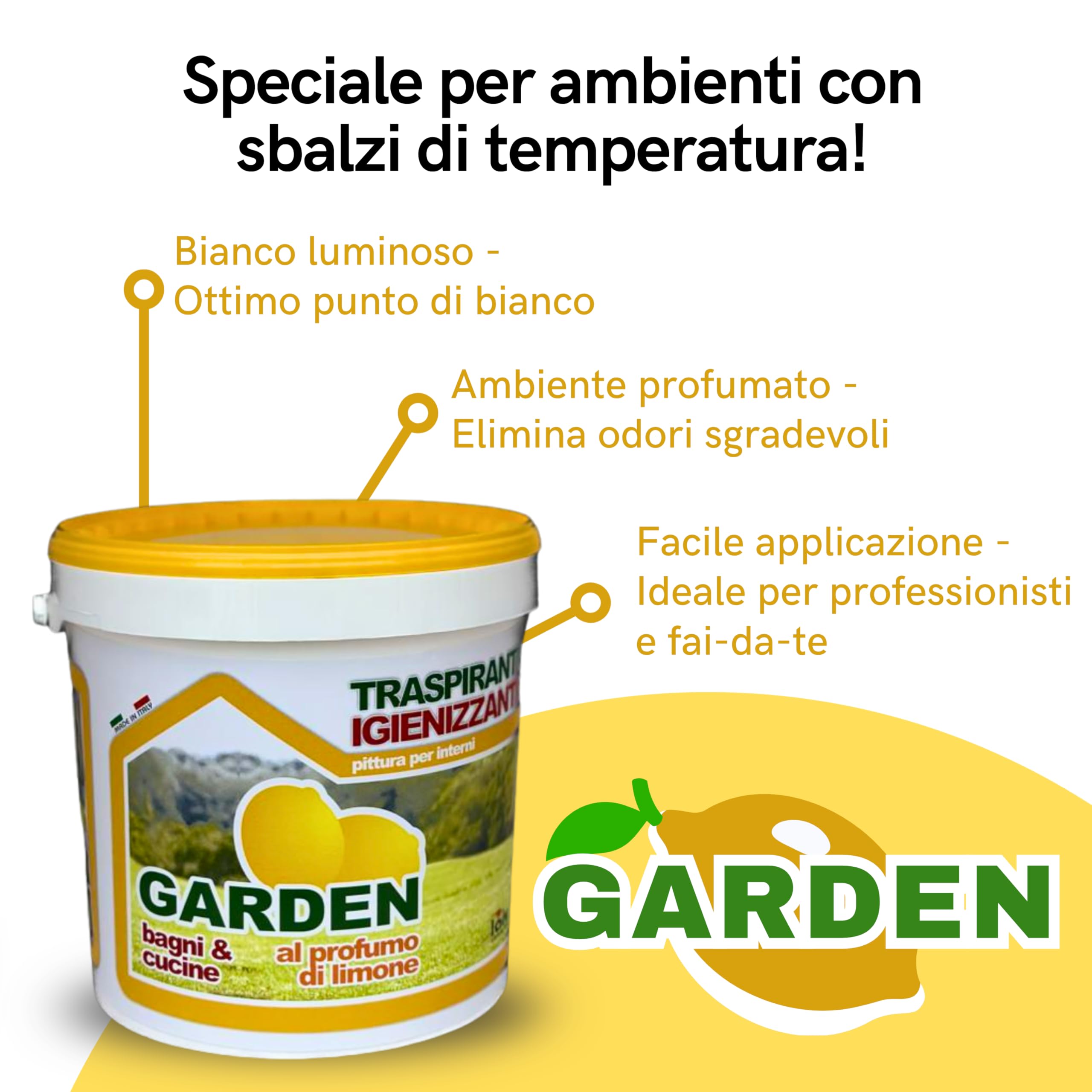 laiv Pittura Traspirante Igienizzante per Interni al Profumo di Limone – Ideale per Bagni e Cucine – 13 LT - Alta Copertura e Resa 12–14 m²/L – GARDEN