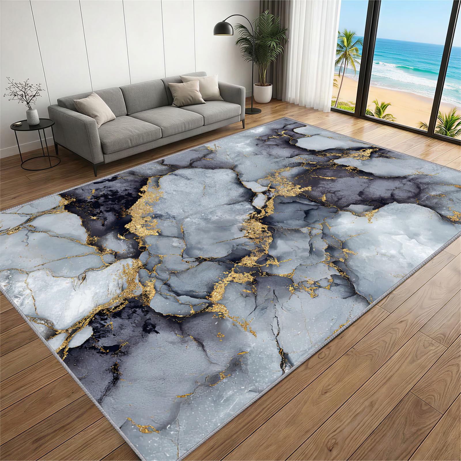 BEQUTIY Ink Colored Marble Area Rugs, Nordic Minimalist Style Rug 180 x 240 cm, Modern Printed Carpet Tear Resistance for Machine Washable Non Slip Carpet, for Dining Room, Bedroom Fireplaces