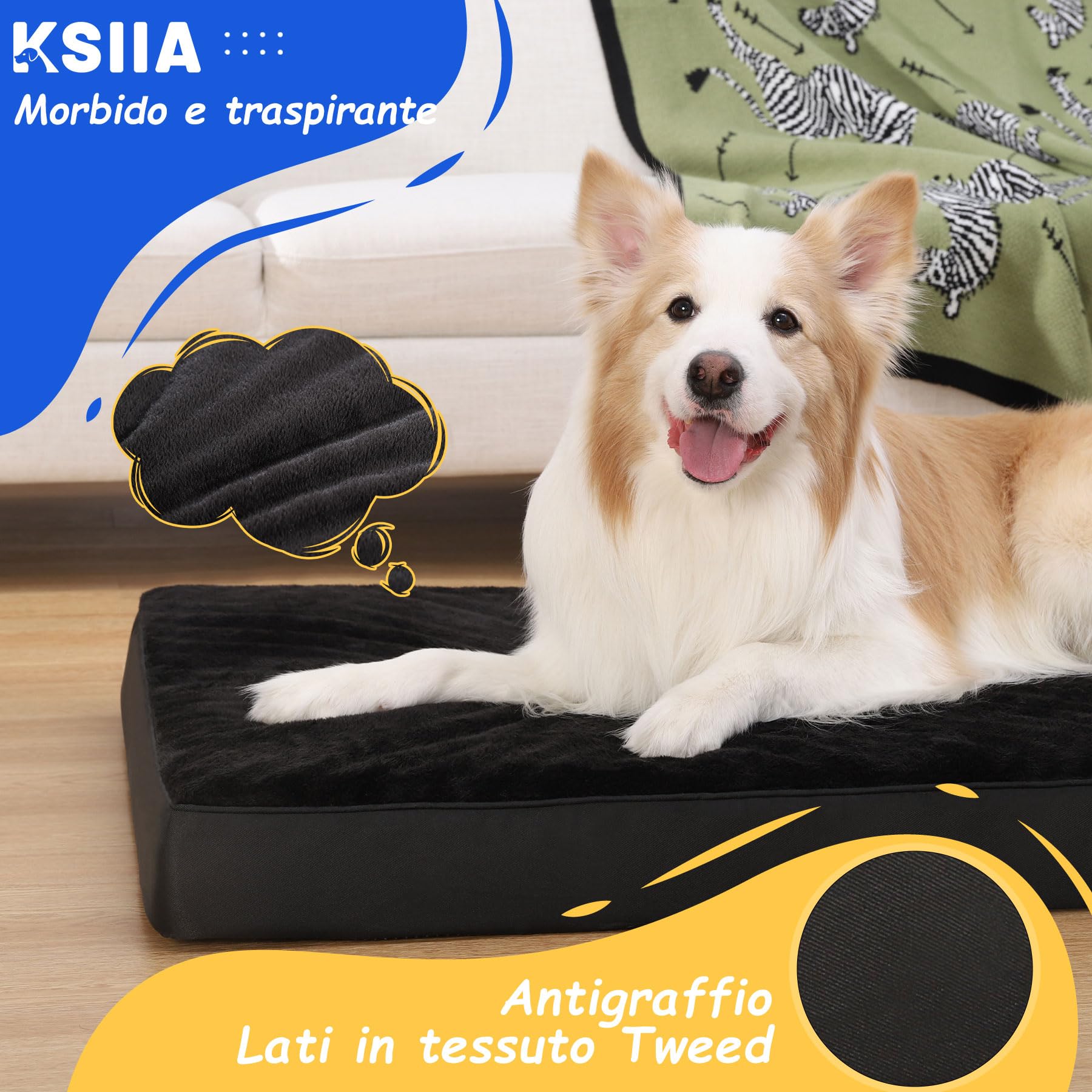 KSIIA Cuscino per Cani Taglia Grande e Media, Sfoderabile e Lavabile, Ortopedico Lettino per Cani, Base Antiscivolo, Lavabile in Lavatrice, Materassino Cane, Nero 105x70x8cm