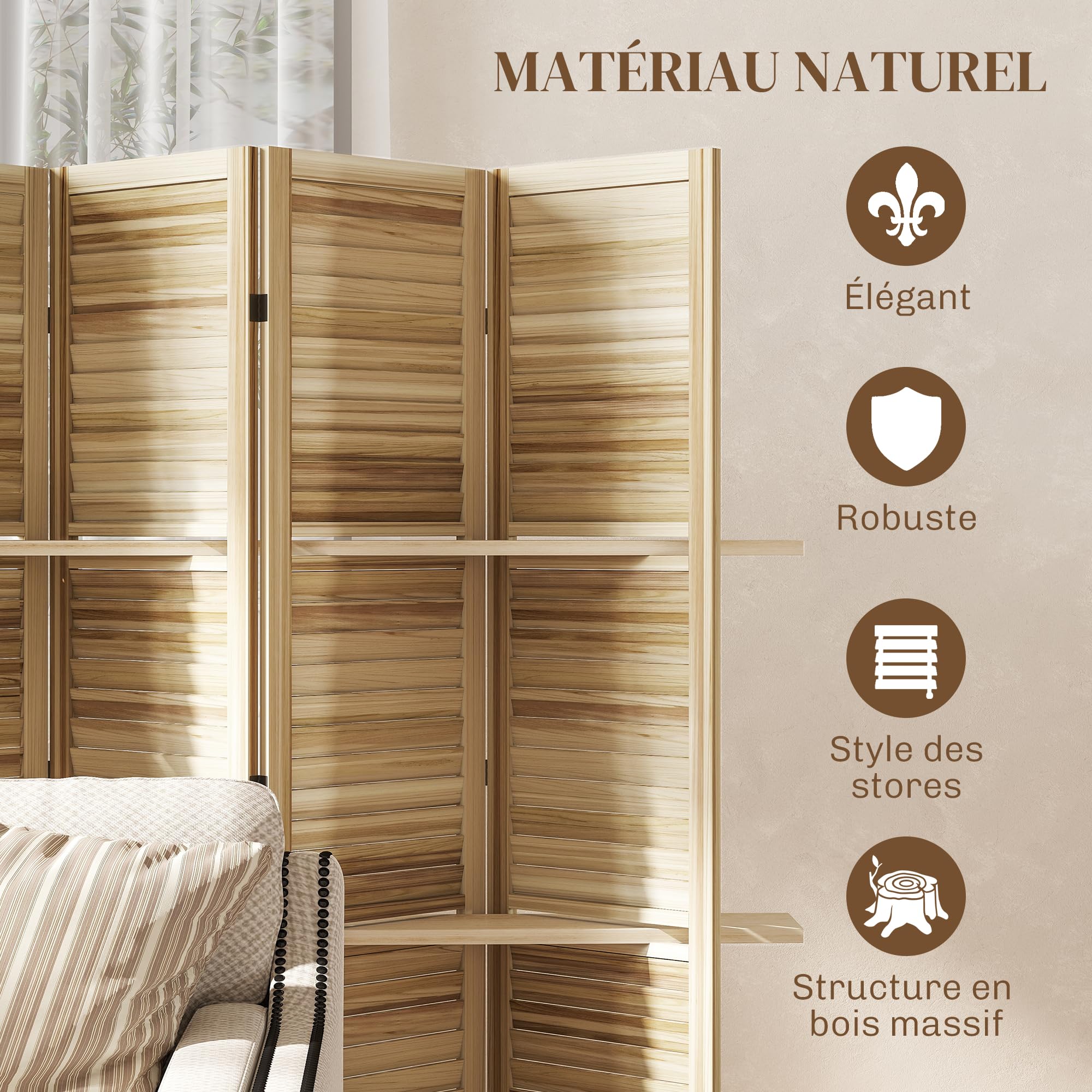 HOMCOM Paravent Intérieur en Bois 4 Panneaux 160 x 170 cm Bois Naturel | Séparateur de Pièce Pliable avec 3 Étagères, Cloison de Séparation, Salon, Chambre à Coucher, Maison