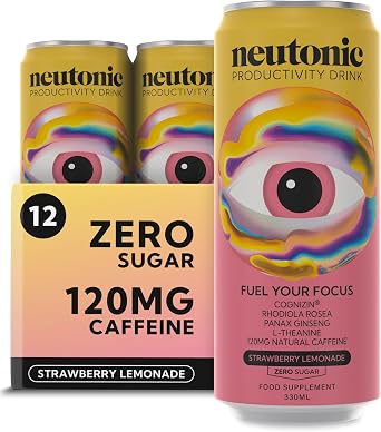 Neutonic Nootropic Productivity Energy Drink | Strawberry Lemonade 12 Cans | 120mg Natural Caffeine, Zero Sugar | Support Energy, Mental Performance, Cognitive Function | Support Focus, Brain Health