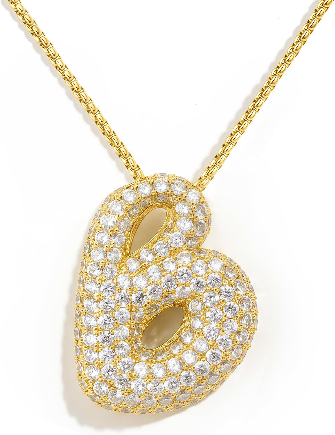 AGGRAD Bubble Letter Necklace, 14k Gold/Silver Balloon Initial Diamond Pendant Chain Necklace Dainty Pave Jewelry Gift for Women