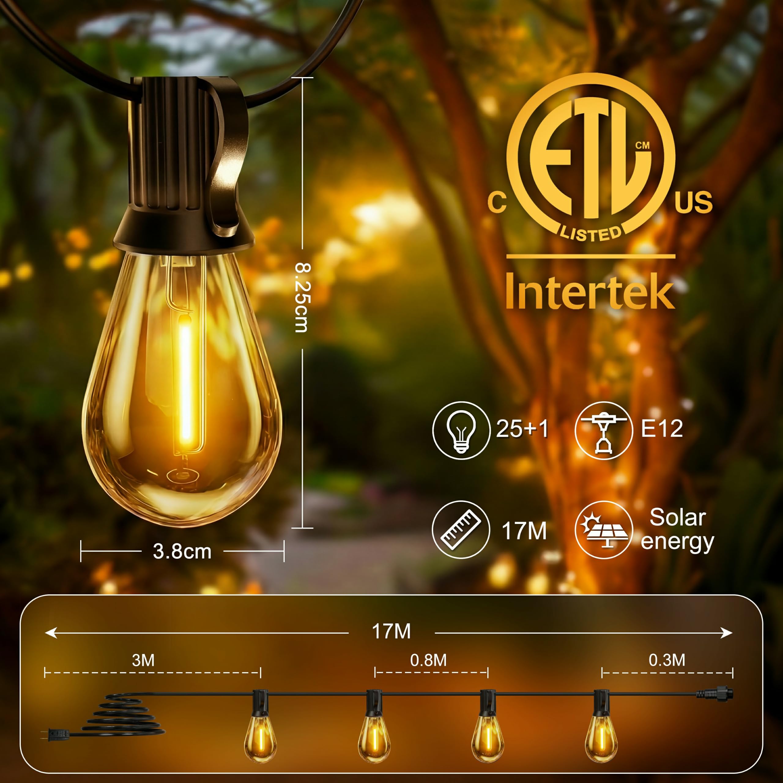 Llichterkette Außen, 17m Lichterkette Außen Strom mit 25+1 Stk Warmweiße Dimmbar Glühbirnen Plastik Lichterkette Outdoor Verbindbare Ideal für Terrasse, Balkon, Garten, Partys, Hochzeiten, Camping | Die 10 klaren S11 LED-Birnen verbreiten einen warmweißen