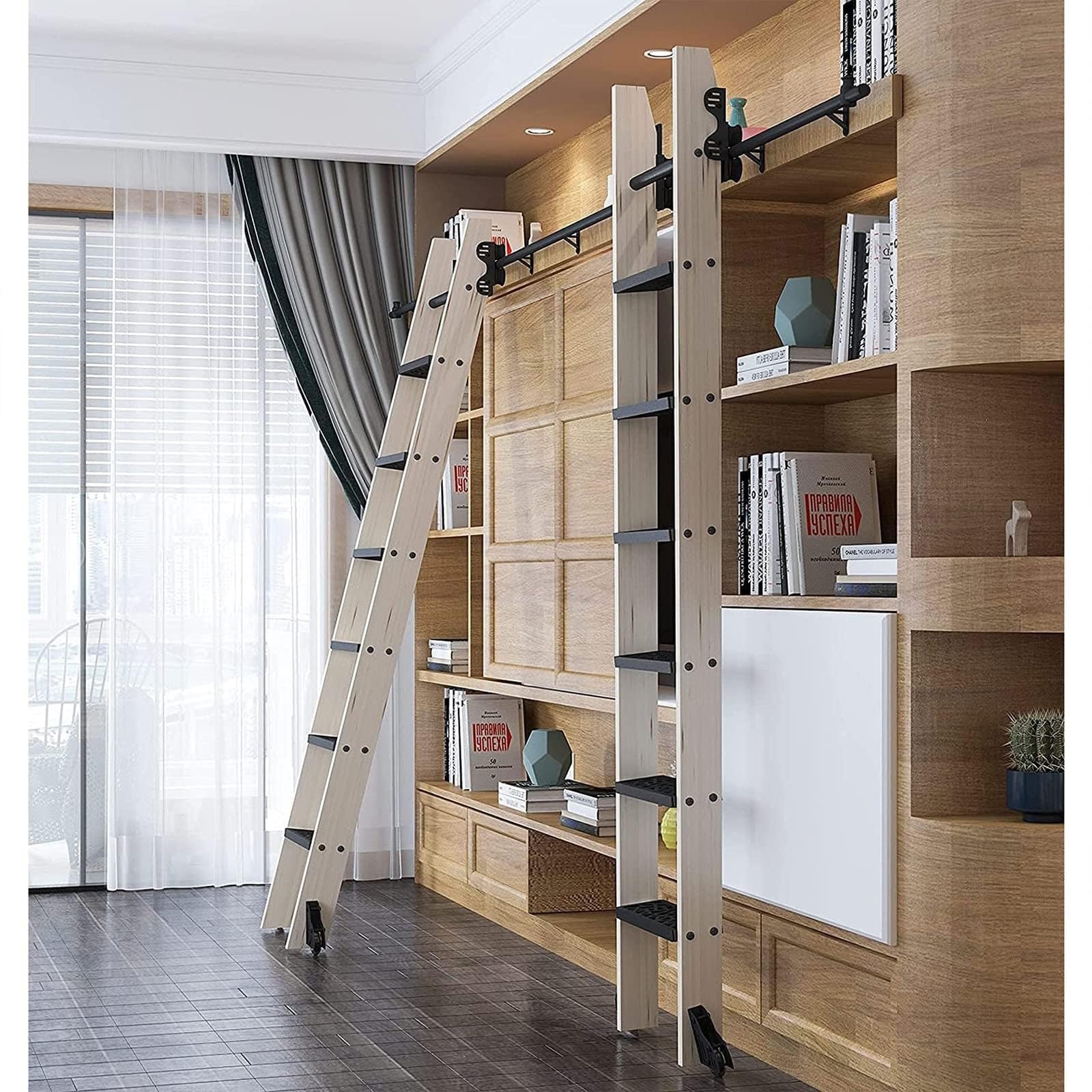 Kit de escalera retráctil con ruedas para organizar tu biblioteca o salón con estilo